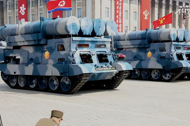 A new tracked TEL (Transporter Erector Launcher) carrying four canisterized missile mounted on the hull of a tank tracked chassis was presented for the first time at the North Korean military parade of April 2017. This vehicle seems very similar to the Russian-made S-300V 9A83 SA-12A Gladiator. According to foreign military experts it could be a new type of surface-to-ship missile system. 