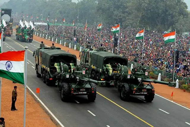 The latest local-made Dhanush 155 mm towed arillery gun system made first appearance at the 68th Republic Day military parade in New Delhi, India, on Thursday, January 26, 2017. The gun was part of the military parade with the Army's mechanised troops along with Akash air defense missile system and the BrahMos surface-to-air supersonic cruise missile. 