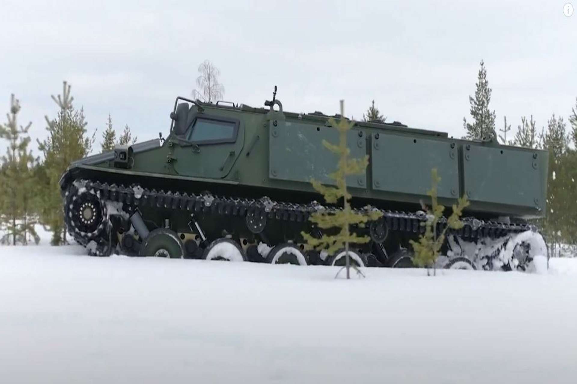 Patria demonstrates maneuvers of its new FAMOUS all-terrain tracked vehicle in snowy Finnish forests