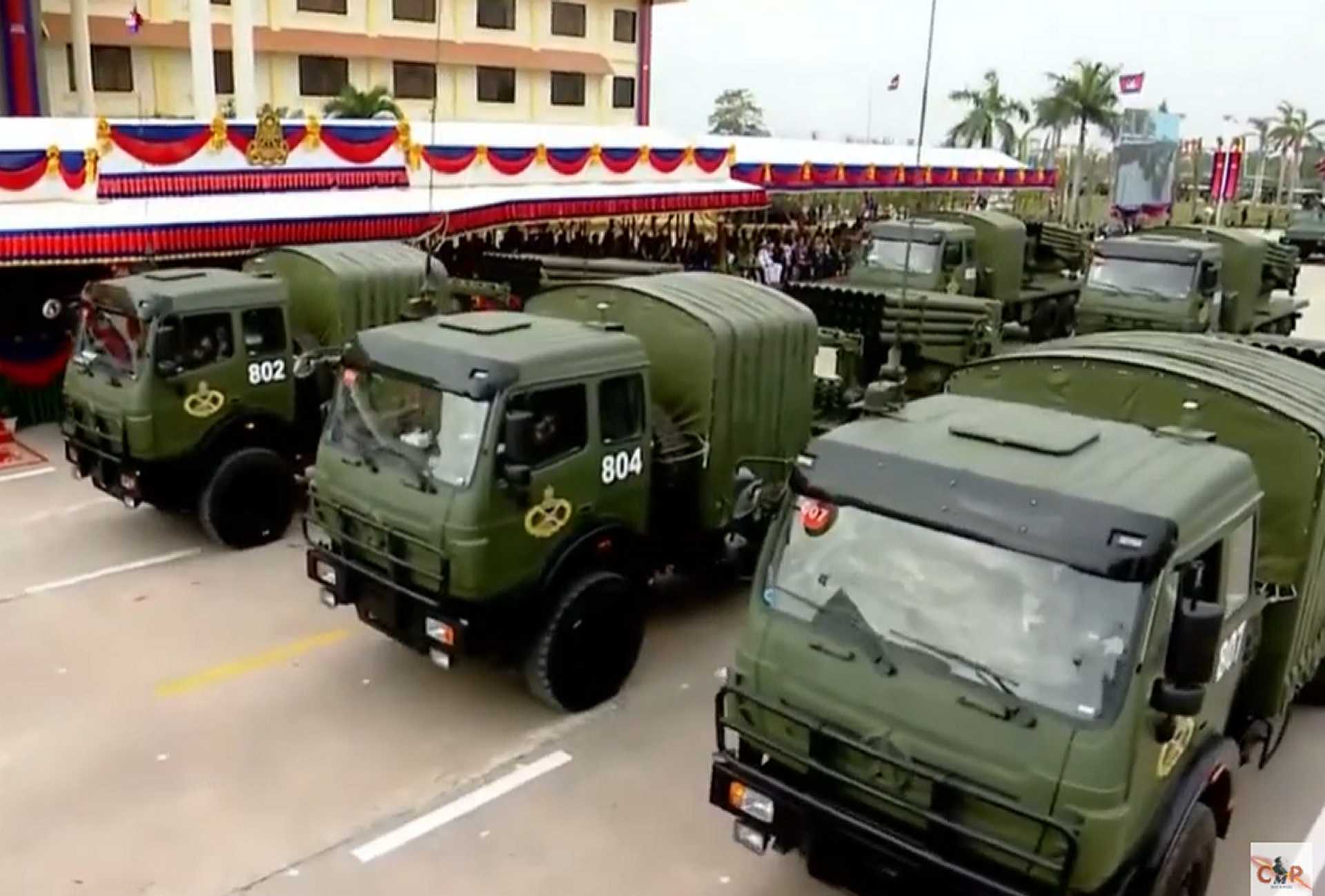 Cambodian Army's Chinese-made Type-90B 122mm multiple rocket launcher on display during a military parade in Phnom Penh, showcasing the platform's 40-tube configuration and high-mobility chassis.