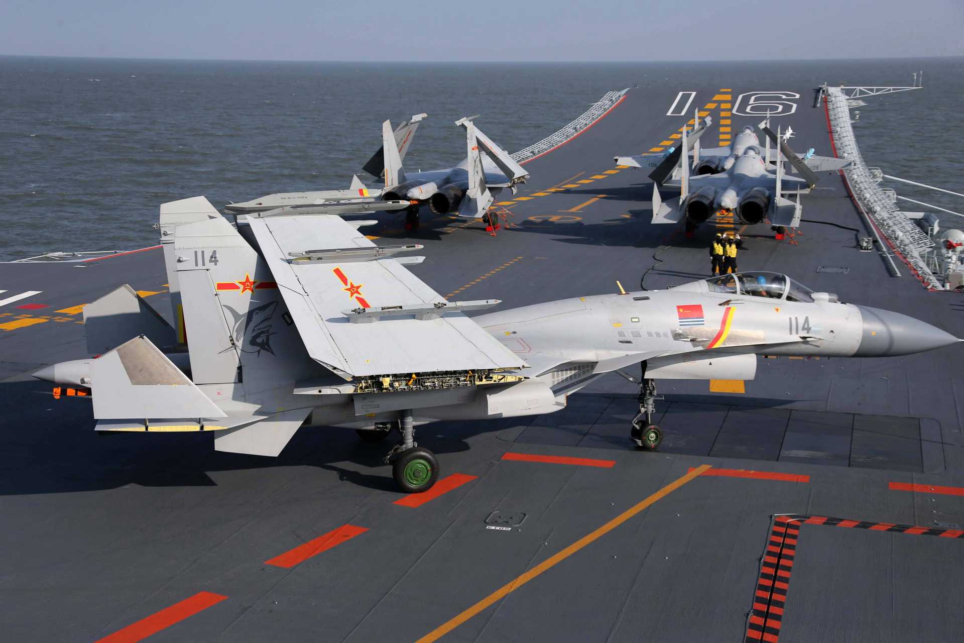 Chinese J-15 fighter jets on the deck of the aircraft carrier Liaoning during recent Chinese Navy operations. The carrier’s air wing was involved in a radar lock-on incident against Japanese military aircraft near Okinawa, reflecting China's increasingly assertive carrier-based air power and rising tensions in the East China Sea.
