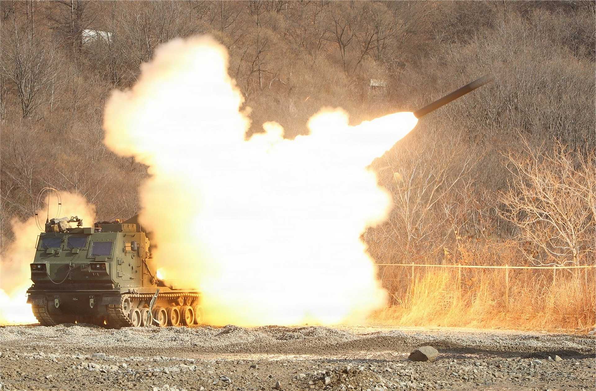 U.S. Army soldiers from Charlie Battery, 1-38th Field Artillery Regiment, fire the newly upgraded M270A2 Multiple Launch Rocket System during the first live-fire exercise with the system on the Korean Peninsula at Rocket Valley, South Korea, December 11, 2025, marking a key milestone in U.S. Army artillery modernization efforts in the region.