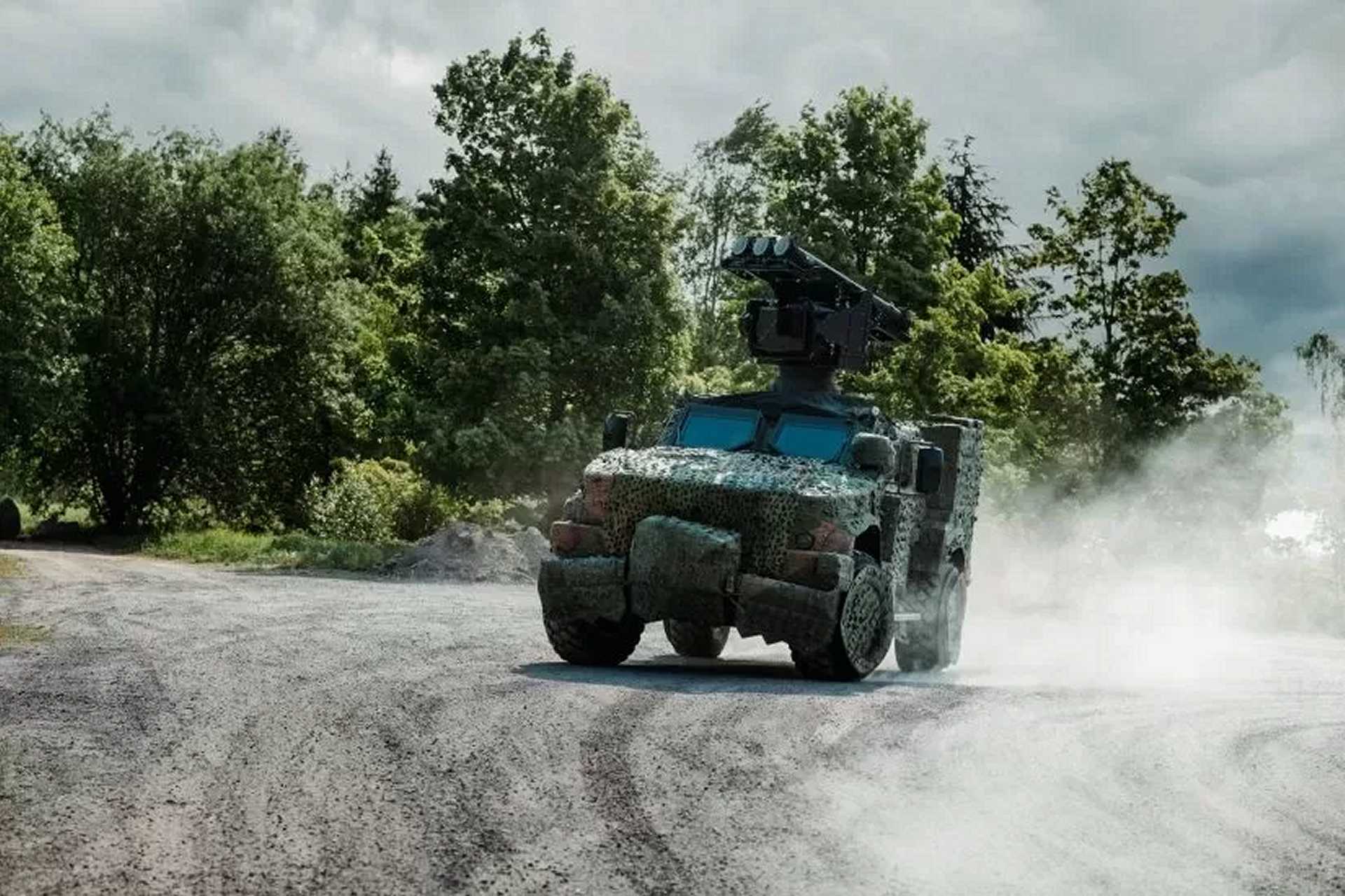 Lithuanian Armed Forces' JLTV 4x4 armored vehicle equipped with the RBS 70 NG surface-to-air missile launcher station, enhancing mobile air defense capabilities as part of the newly acquired MSHORAD system.