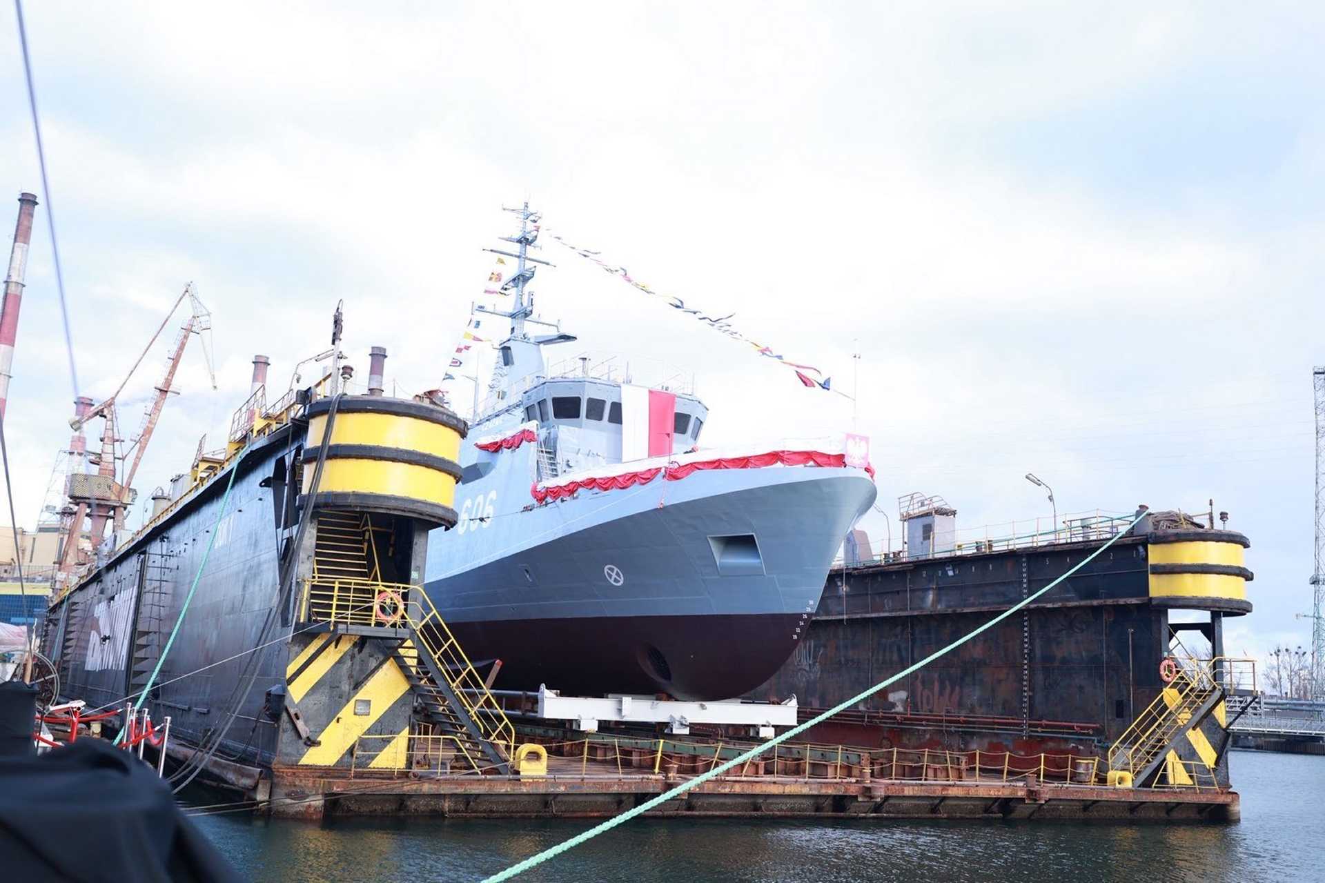 Polish Navy officials and shipyard engineers attend the launching ceremony of ORP Czajka, the sixth Kormoran II-class mine countermeasure vessel, at Remontowa Shipbuilding in Gdańsk on December 11, 2025.