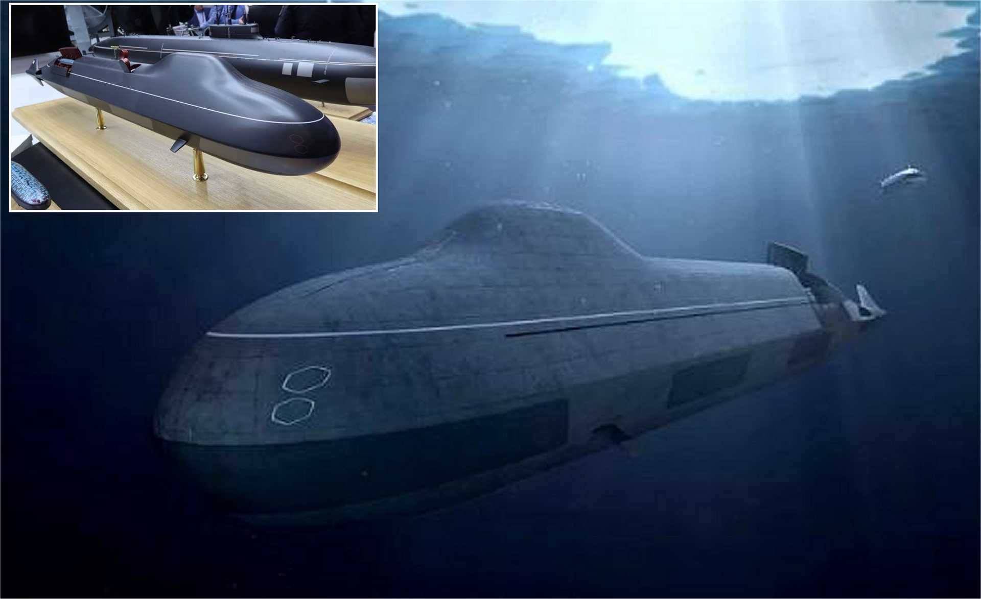 Artist rendering of the fifth-generation strategic nuclear submarine "Arktur," illustrating a sleek, low-profile design with advanced hydrodynamics and integrated vertical launch systems, reflecting Russia’s vision for future underwater strategic deterrence.