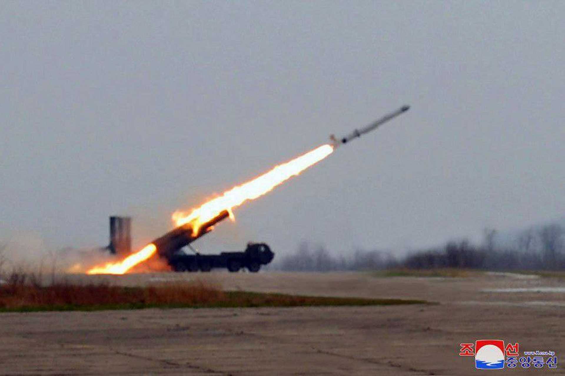 The Hwasal-1 Ra-3 (also referenced as Hwasal-1D-3) is seen during a test launch from what appears to be a paved runway, likely at Onchon Airbase on North Korea’s western coast. The missile, equipped with a modified large-diameter warhead, was unveiled during a strategic cruise missile test on April 20, 2024.