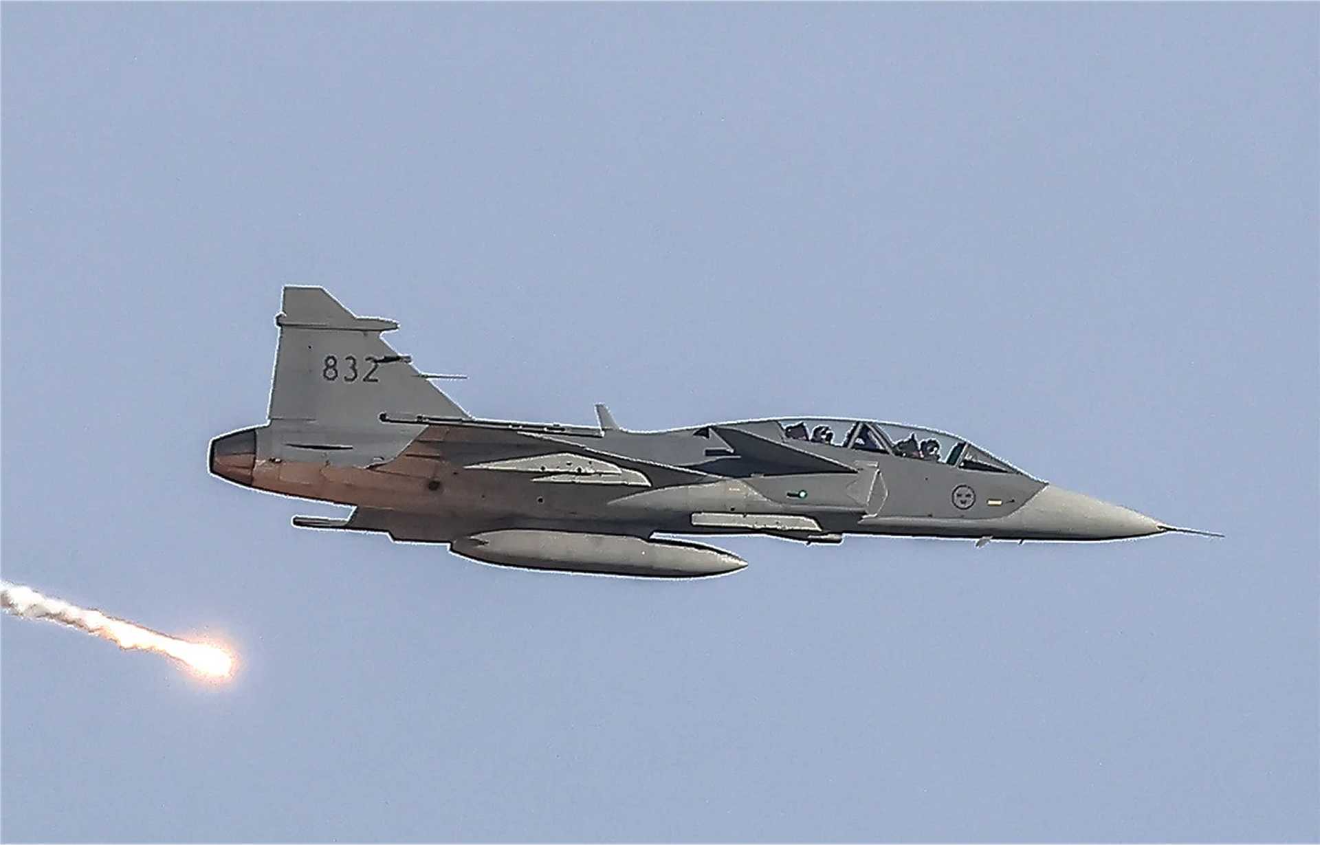 Swedish Saab JAS 39 Gripen fighter jet from FMV Test and Evaluation flies over RAF Coningsby during Viking Flame trials, supporting NATO efforts to test next-generation aircraft survivability systems.