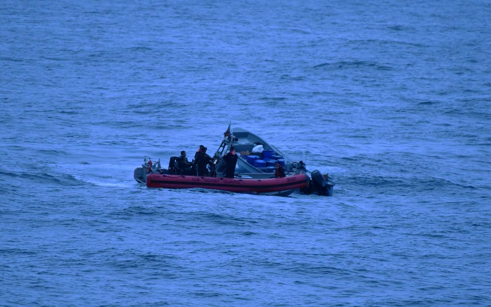 USCGC Active (WMEC 618) deploys its boarding team to intercept a suspected drug-smuggling vessel in the Eastern Pacific Ocean on November 28, 2025. The interdiction was part of Operation Pacific Viper, a targeted surge aimed at disrupting transnational criminal networks and maritime narcotics trafficking routes.