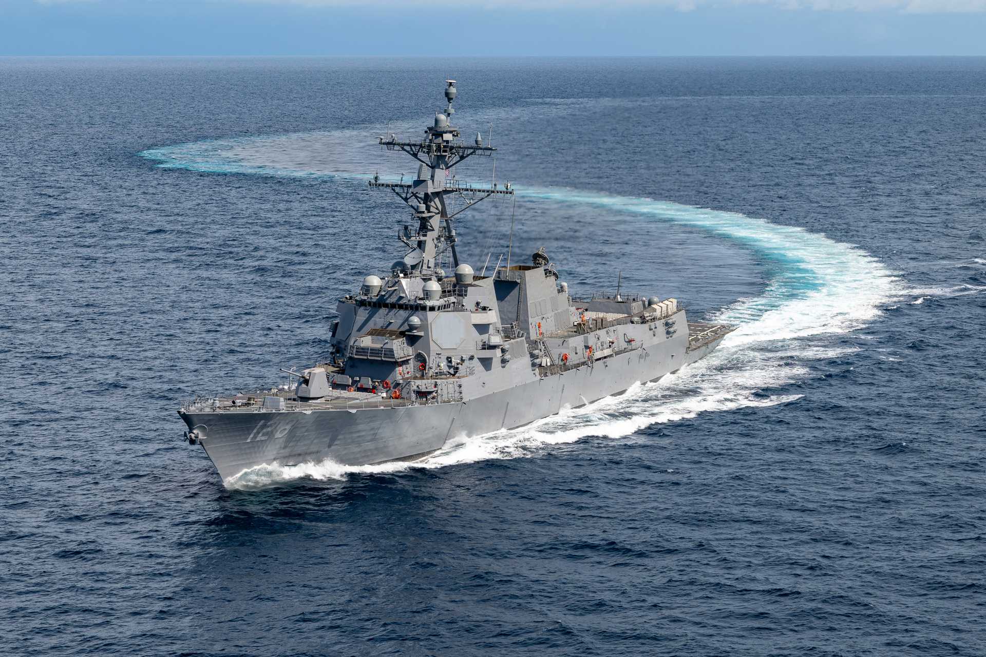 The U.S. Navy USS Ted Stevens (DDG 128), a Flight III Arleigh Burke-class destroyer, sails at sea during trials.