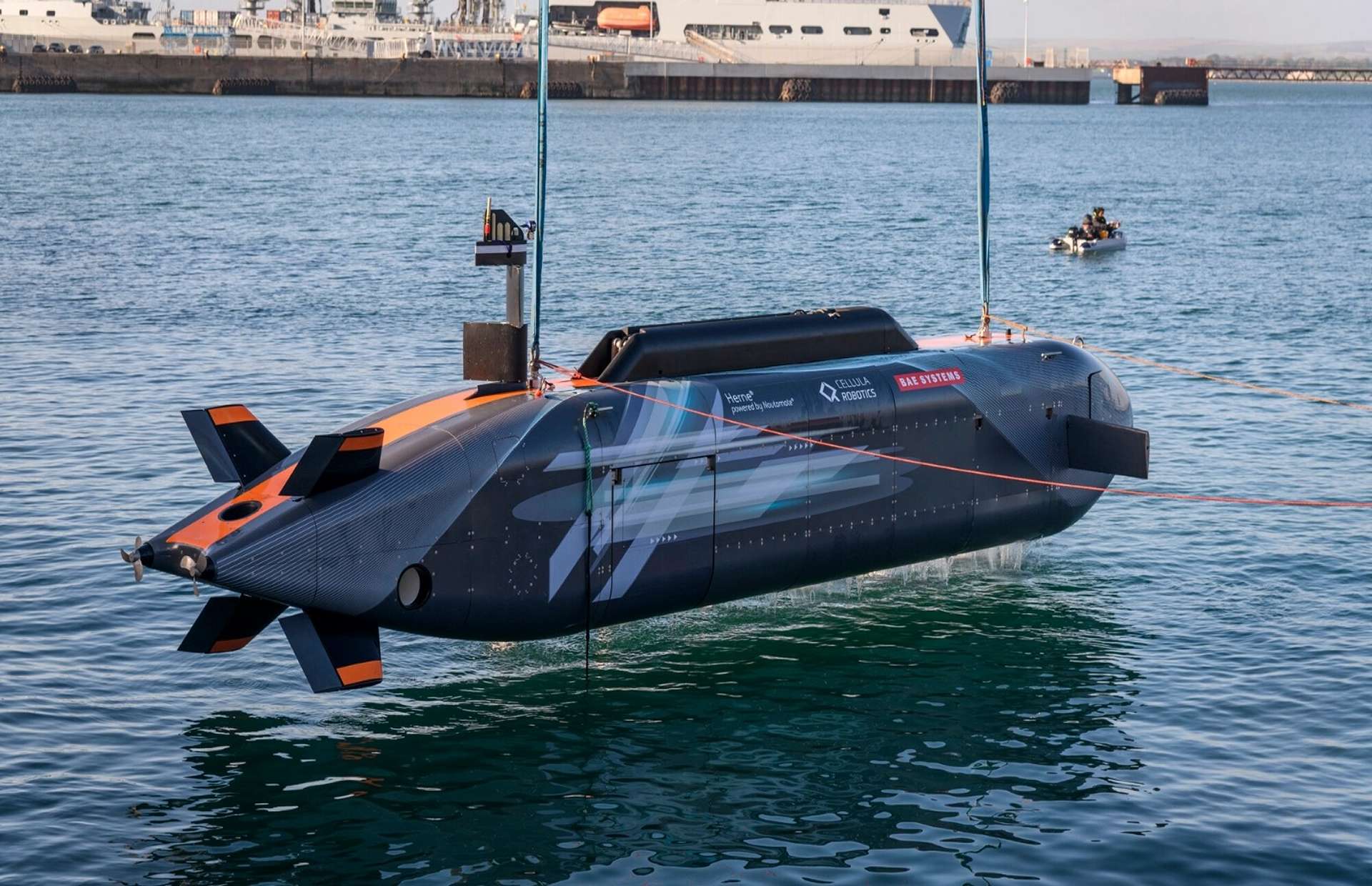 Herne Extra Large Autonomous Underwater Vehicle (XLAUV), a key element of the UK’s Atlantic Bastion undersea defense network, provides long endurance covert patrol and seabed surveillance to help track Russian submarines and protect critical North Atlantic infrastructure (Picture source: BAE Systems).