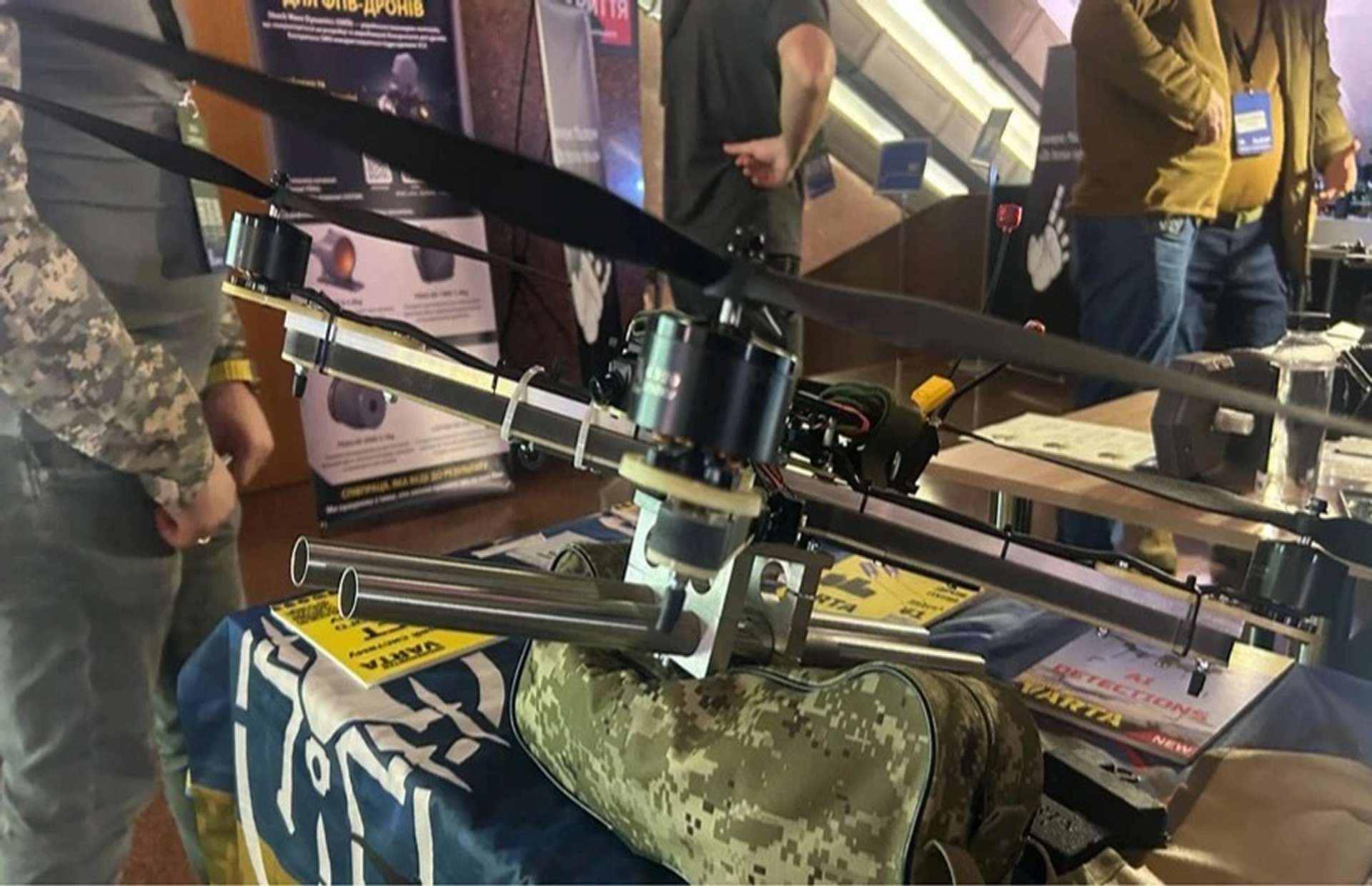 Varta’s DroneHunter is a modular interceptor drone with a 12-gauge shotgun module that uses AI-assisted targeting to track and shoot down hostile FPV and reconnaissance drones at close range over frontline units (Picture source: Ukrainska Pravda)