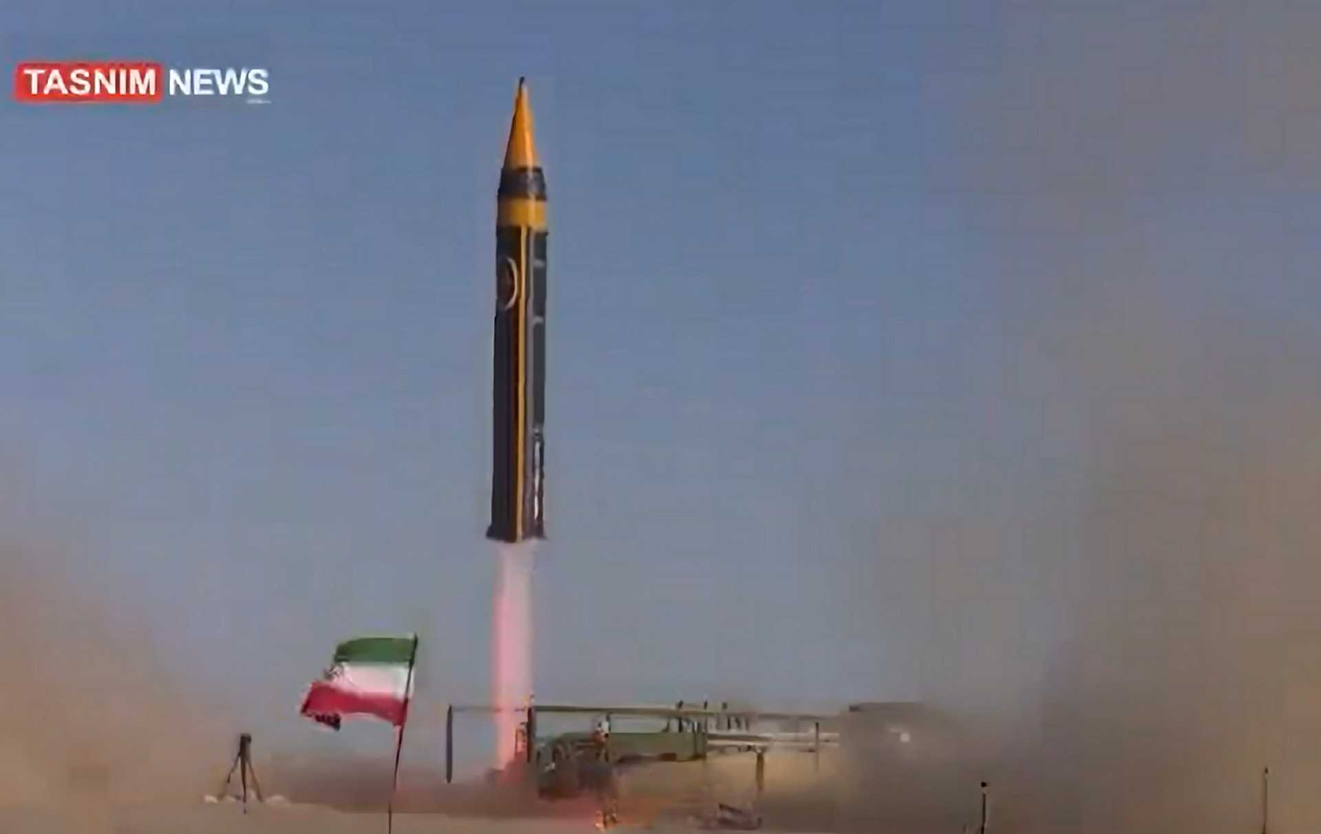 Frame from Iranian state media footage released on November 7, 2025, showing the launch of what Tehran claims is a new intercontinental ballistic missile with a range of up to 10,000 kilometers.