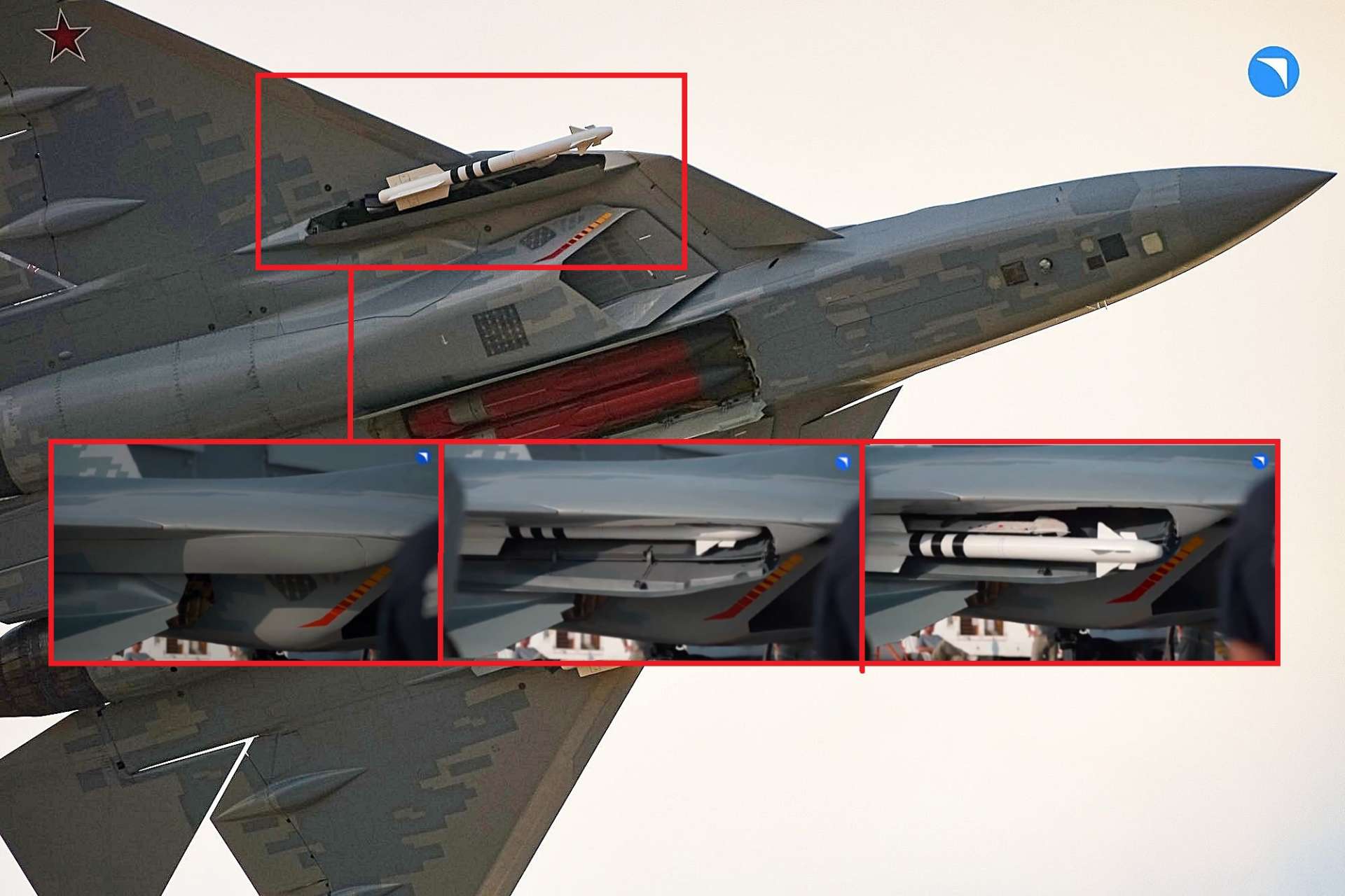At Dubai Airshow 2025, Russia’s Su-57E prototype publicly demonstrated its side weapons bay operation for the first time, showcasing the rapid deployment and retraction of a short-range air-to-air missile, confirming its advanced stealth and multi-role combat design (Picture Source: UAC)