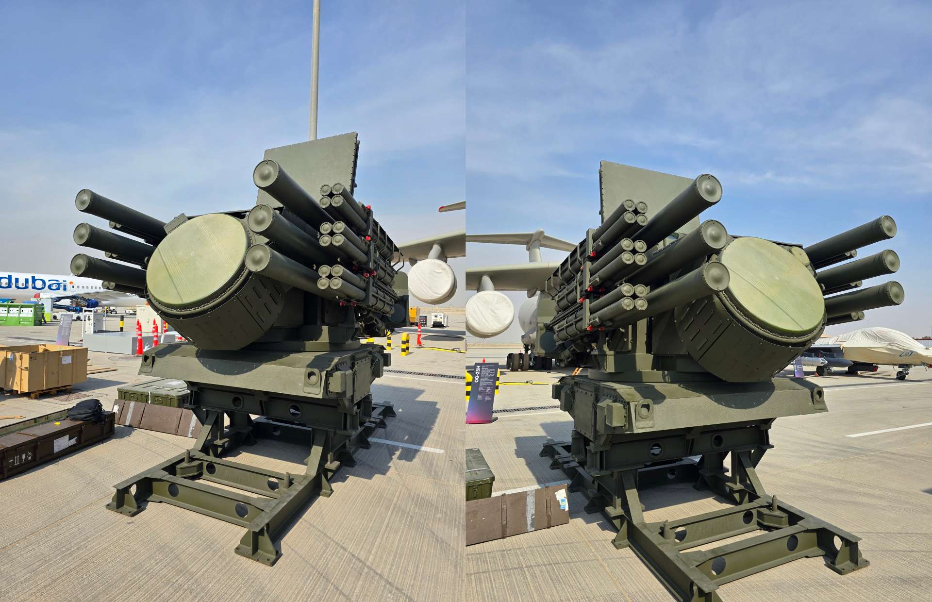 Russia’s new Pantsir SMD-E air defense module, unveiled in Dubai, features a missile-only turret with up to 48 mini interceptors, a modern radar and electro-optical suite, and multi-channel tracking, delivering high-density protection against drones, FPV threats and low-flying munitions for fixed site defense (Picture source: social media).