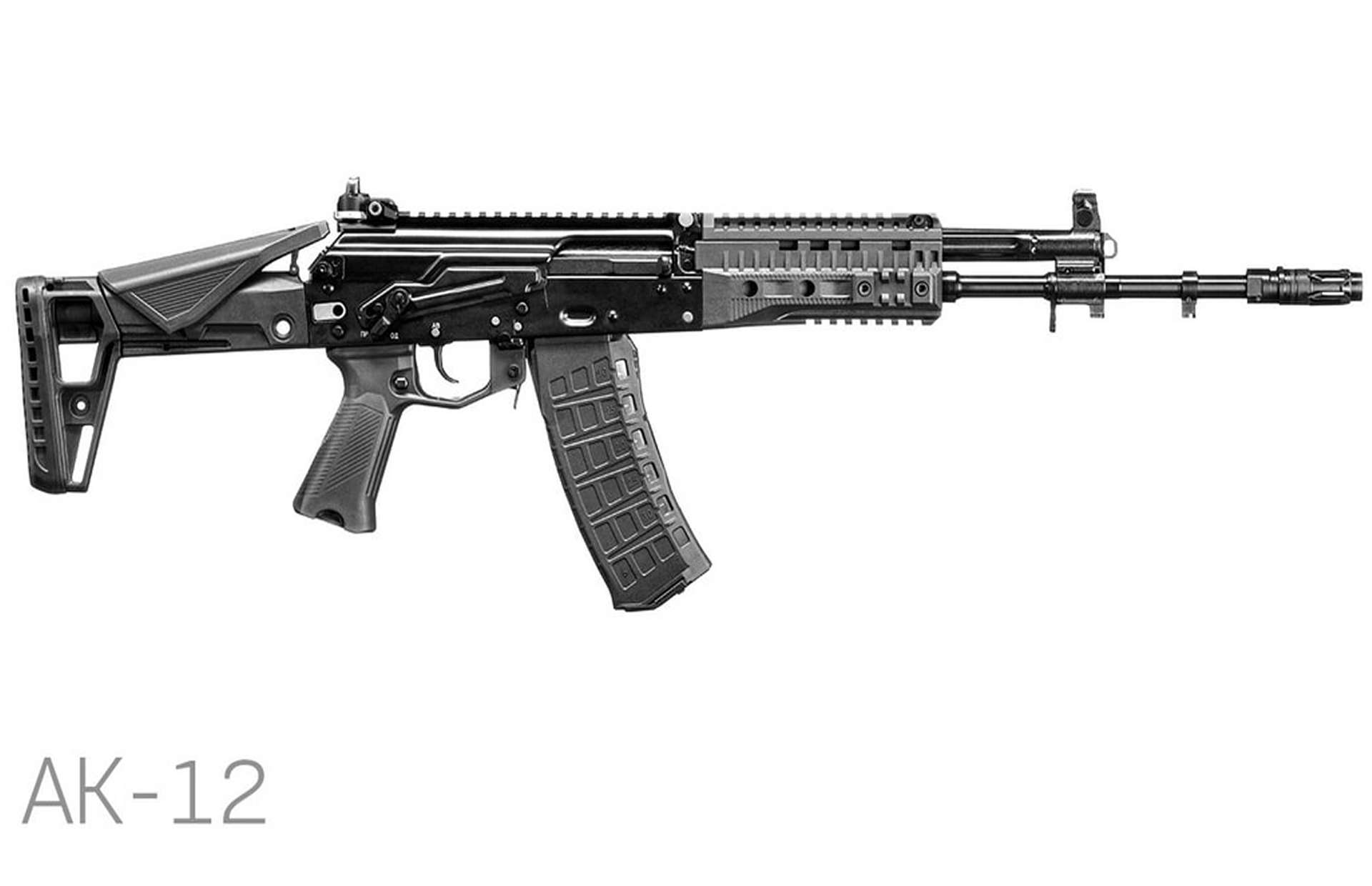 The AK-12 assault rifle features a long-stroke gas piston system, improved barrel stability, and full-length optics rails, offering greater accuracy, enhanced ergonomics, and reliable 5.45×39 mm performance for Russian infantry in trench, urban, and night-fighting conditions (Picture source: Kalashnikov Group).