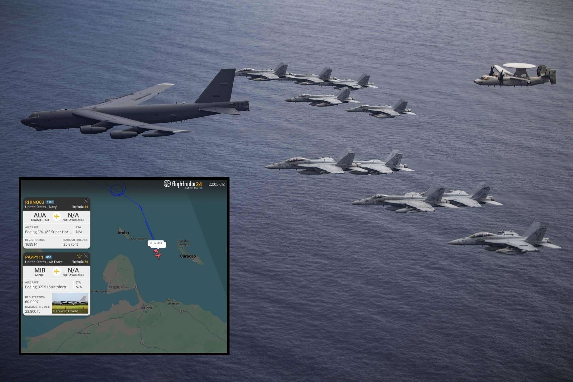 A U.S. B-52H Stratofortress rumbled along Venezuela’s coastline with Navy F/A-18 Super Hornets tucked in close escort, a highly visible reminder that Washington can park heavy strike power in the Caribbean on short notice (Picture Source: U.S. Air Force)
