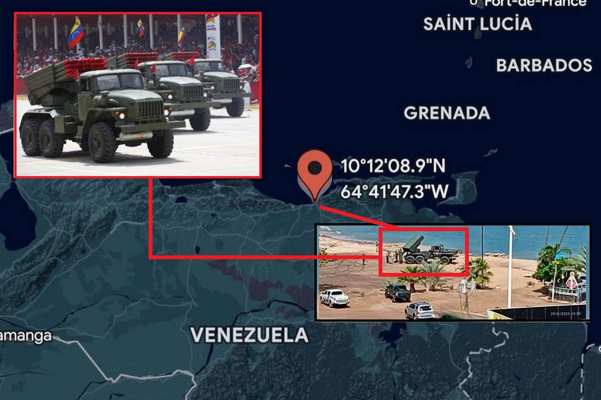 The BM-21 Grad, a truck-mounted 122 millimeter multiple rocket launcher with forty tubes clustered in a metal rack on the back of a military truck, looks compact but menacing, built to ripple fire salvos that can blanket targets across the shoreline and out to sea (Picture Source: Venezuelan MoD / X-channel:@Arr3ch0)