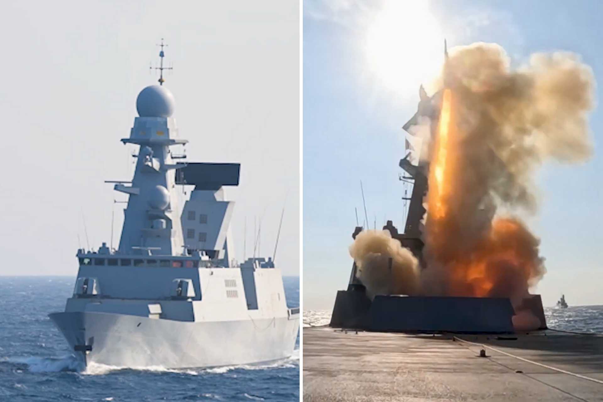 French Navy Horizon-class frigate Forbin fires an Aster 30 surface-to-air missile during a live-fire exercise, successfully intercepting an AASM precision-guided bomb launched by a Rafale Marine in the first operational interception of an air-to-ground bomb by a European warship.