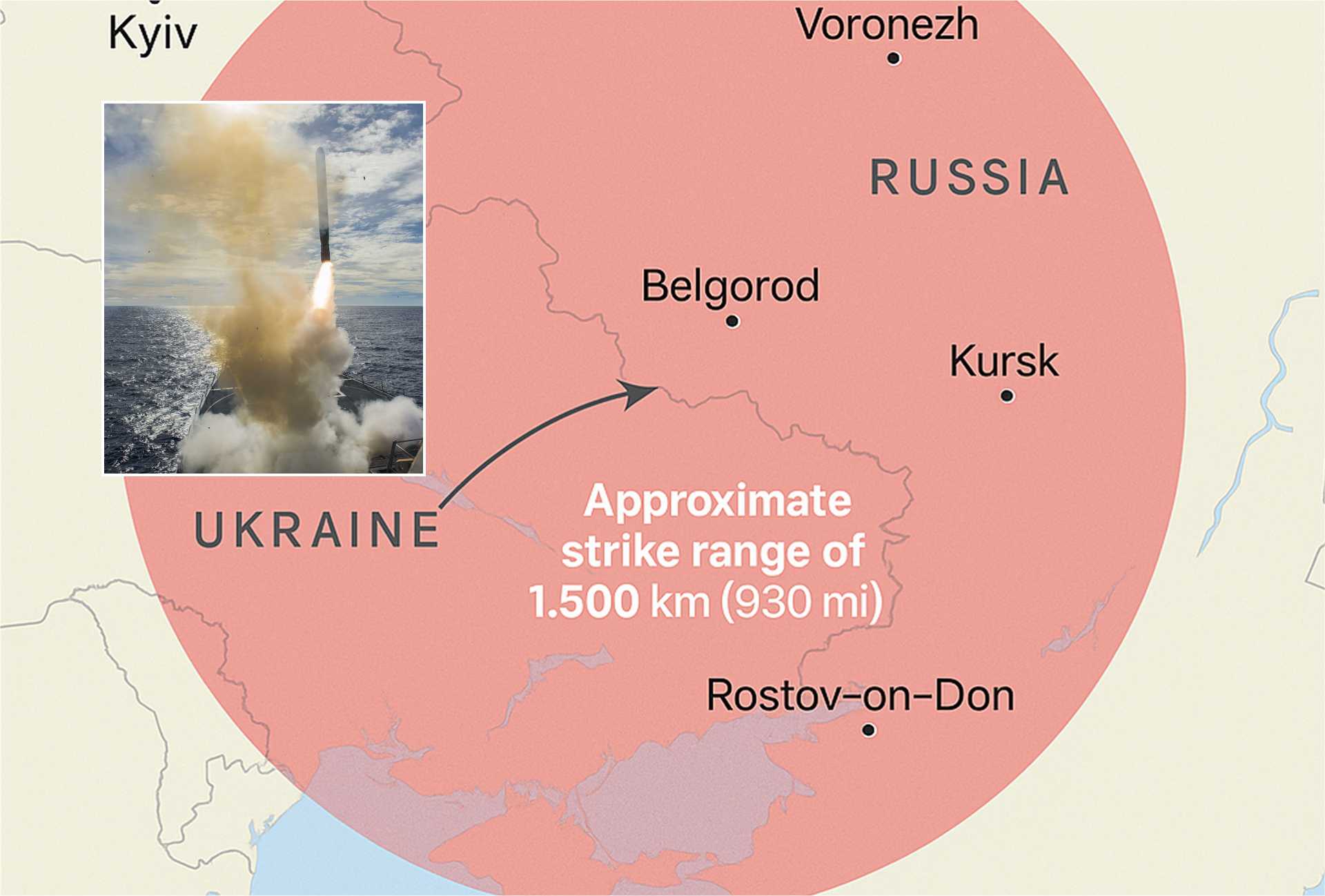 An estimated 1,500 km strike range of a U.S. Tomahawk missile launched from central Ukraine. Key Russian military hubs including airbases near Voronezh, supply depots in Belgorod, and command centers in Rostov on Don are within reach, creating a significant threat to Russia’s rear-area logistics and strategic infrastructure.