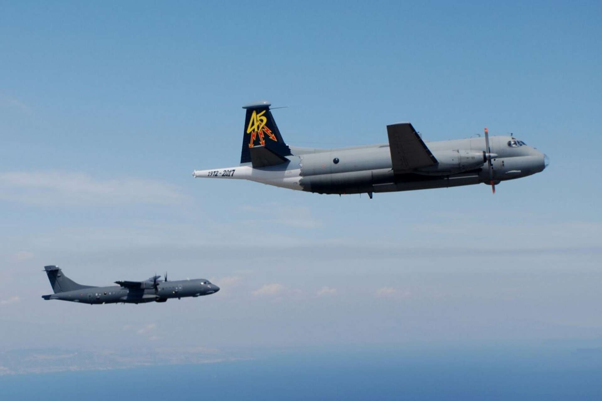 The image shows two Italian maritime patrol aircraft in flight: the older BR.1150 Atlantic in the foreground, marking its retirement, and the newer P-72A (ATR-72MP) flying behind it, symbolizing the transition of Italy’s long-range maritime patrol capability (Picture Source: Italian MoD)