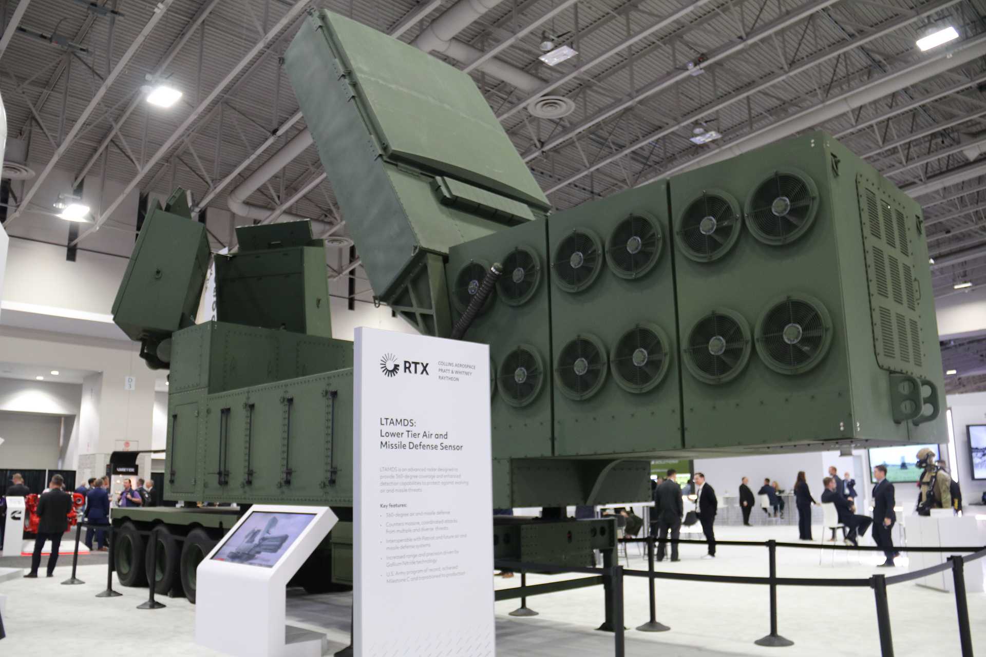 RTX’s latest generation LTAMDS radar system displayed at AUSA 2025 in Washington D.C., showcasing enhanced 360-degree coverage and advanced GaN technology for the Patriot air defense system.