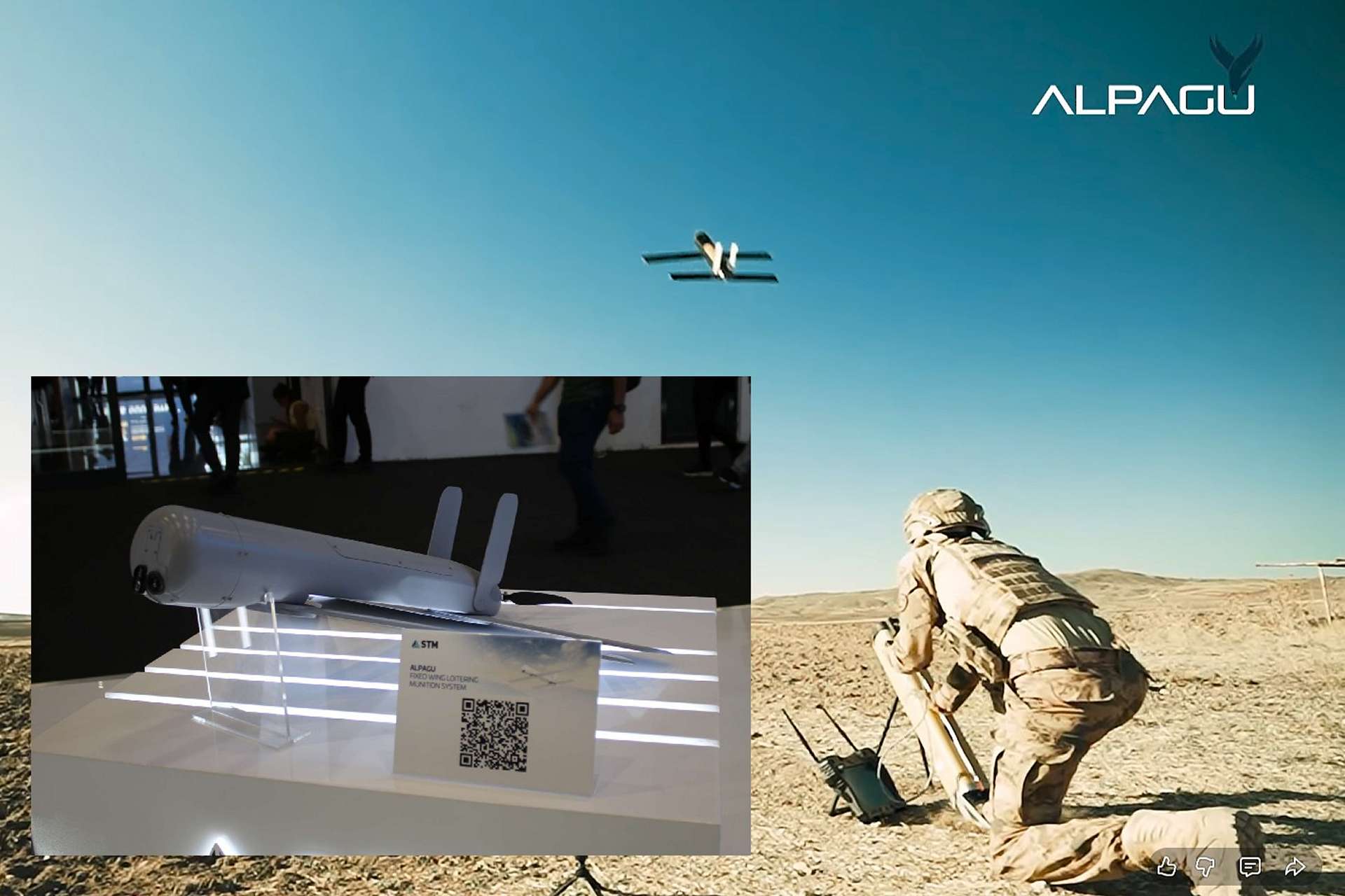 ALPAGU is a sub-2 kg fixed-wing loitering munition developed by STM for rapid, AI-assisted precision strikes in urban, cross-border, and counter-terrorism operations, offering squad-level portability, low signature, and swarming capability with minimal logistical burden (Picture Source: STM / Army Recognition Group)