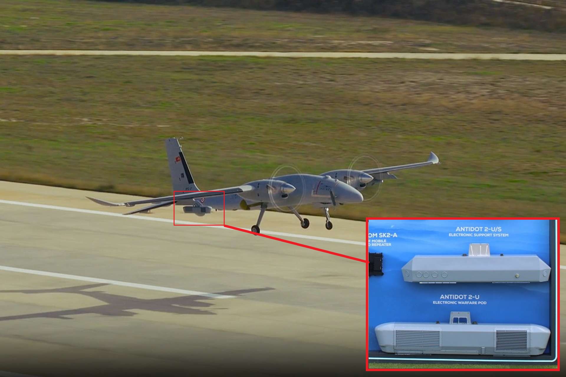 Bayraktar Akinci equipped with Aselsan ANTIDOT 2-U/ES and 2-U/EA pods during a recent exercise signaling Türkiye’s shift toward unmanned SEAD and stand-off jamming capabilities (Picture Source: Army Recognition and Baykar)