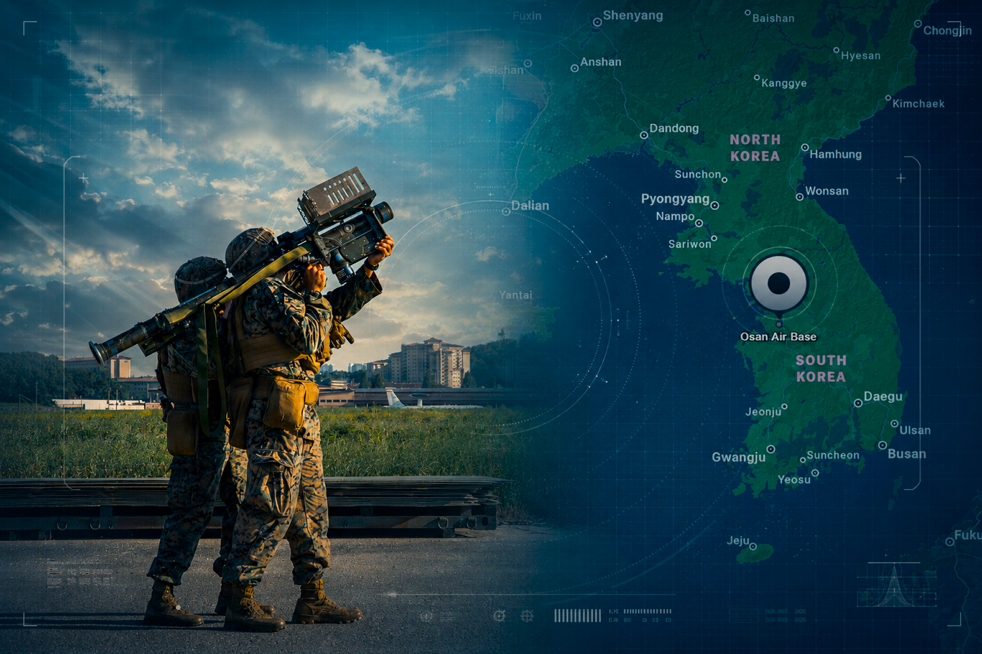 U.S. forces strengthened drone defenses at Osan Air Base in South Korea, integrating Avenger and Stinger teams to counter low-flying unmanned threats near the North Korean frontier (Picture Source: U.S. Marine Corps / Apple Maps / Edited by Army Recognition Group)