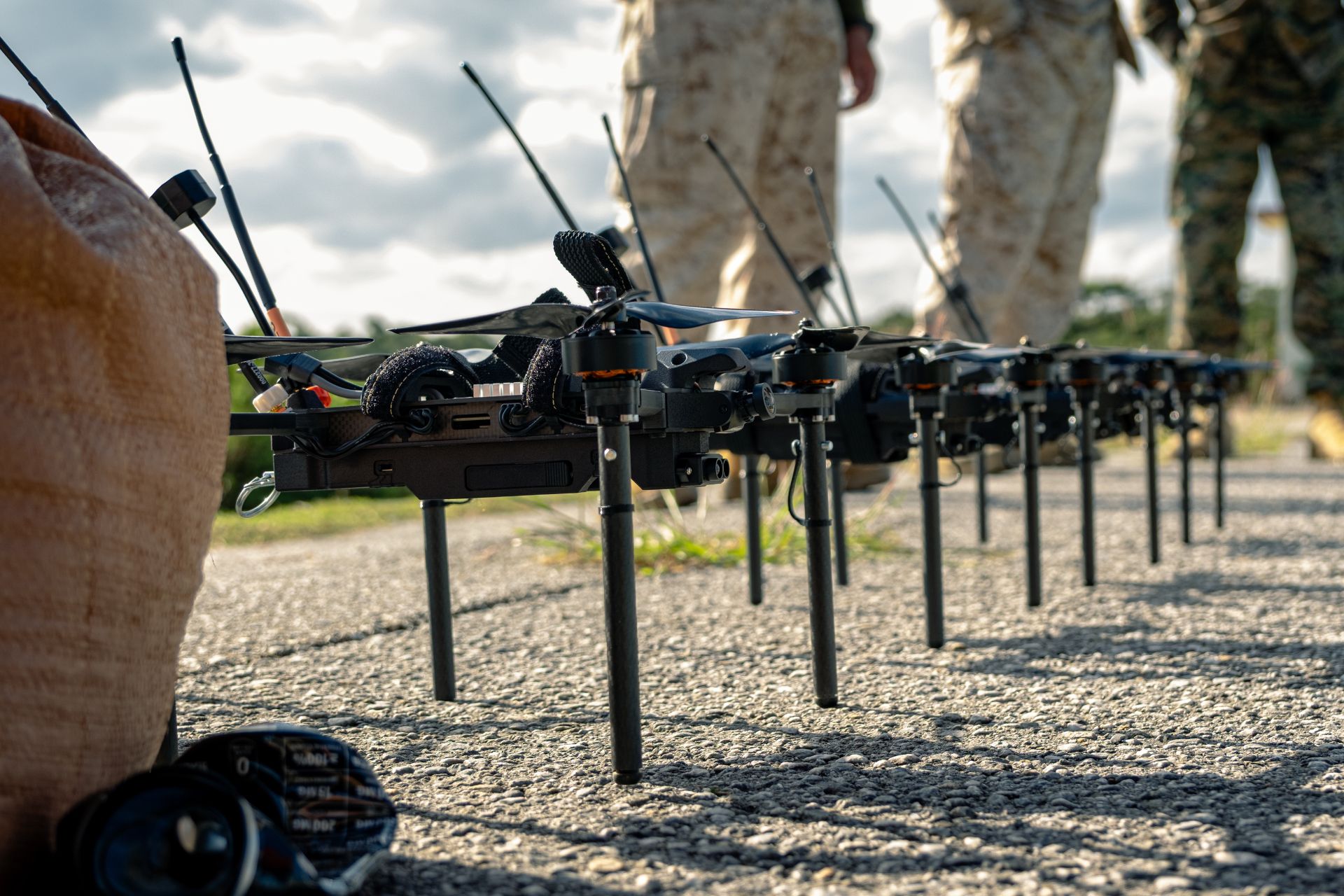 Neros Archer first-person-view drones staged during the Marine Corps Attack Drone Competition at Camp Schwab in Okinawa, Japan, on December 7, 2025. During the two-week event, the Marine Corps Attack Drone Team trained and certified 3rd Marine Division personnel as attack drone operators, attack drone instructors, and payload specialist instructors. (Picture source: US DoD)