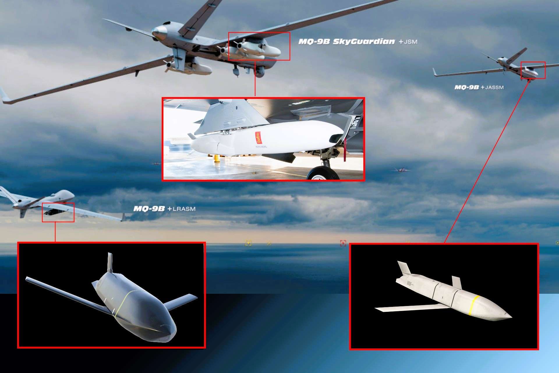 On 23 February 2026, General Atomics Aeronautical Systems, Inc. announced it is preparing the MQ-9B SkyGuardian and SeaGuardian to carry JASSM, LRASM and JSM missiles, expanding the drone’s role into long-range land and maritime strike missions (Picture Source: General Atomics Aeronautical Systems, Inc. / Lockheed Martin / Kongsberg)