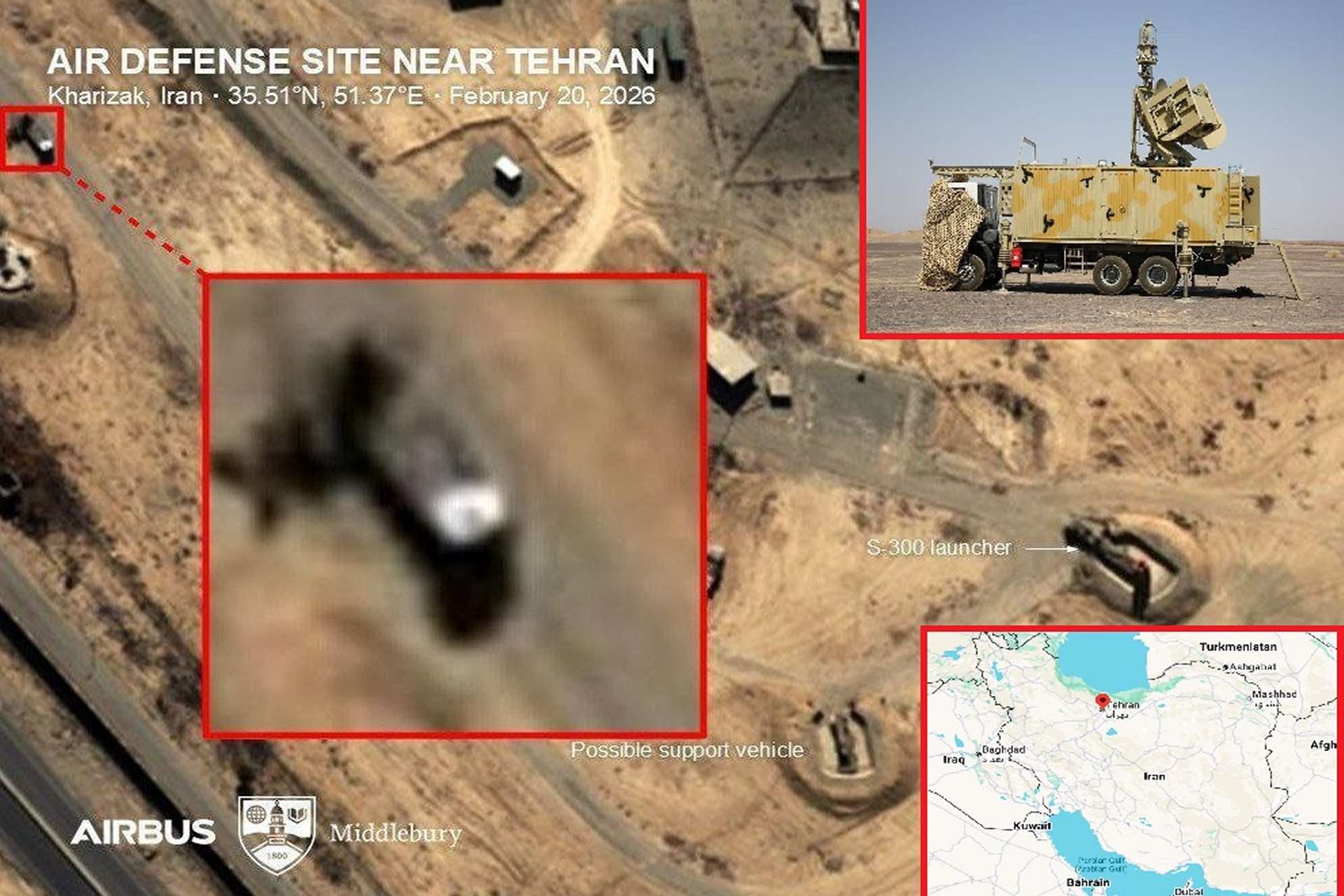 Iran has deployed a Cobra-V8 electronic warfare vehicle alongside an S-300 launcher at an air defense site south of Tehran, combining long-range intercept capability with spectrum jamming designed to disrupt U.S. and allied ISR, radar targeting, and strike coordination in the capital’s approaches (Picture source: OSINT on X).