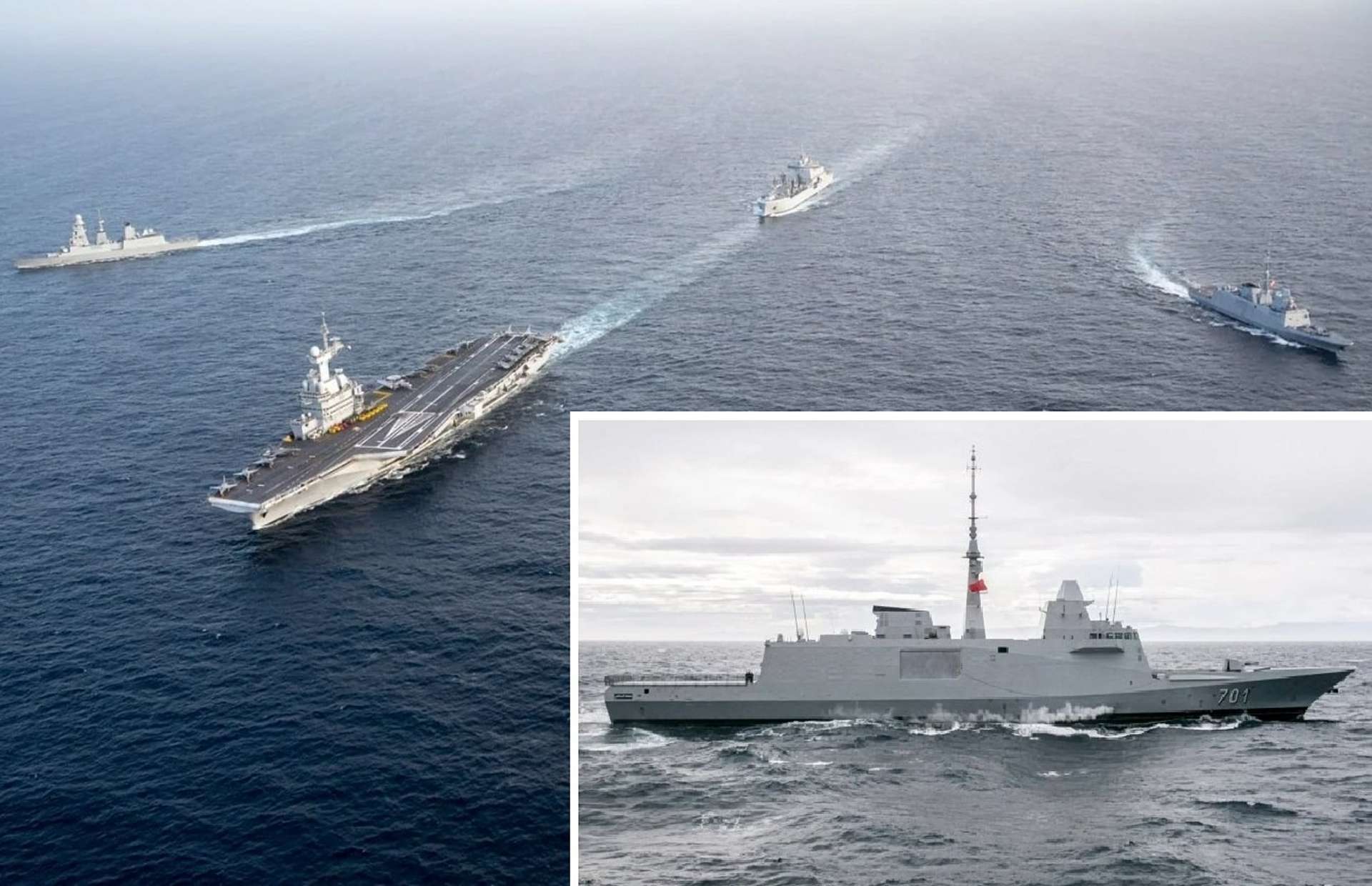 Moroccan FREMM-type frigate Mohammed VI joins the escort screen of France’s aircraft carrier Charles de Gaulle during Exercise ORION 2026, strengthening the multinational task force’s anti-submarine and air-defense layers as allied navies rehearse high-intensity carrier protection operations in the North Atlantic (Picture source: French MoD/ Morocco Navy).