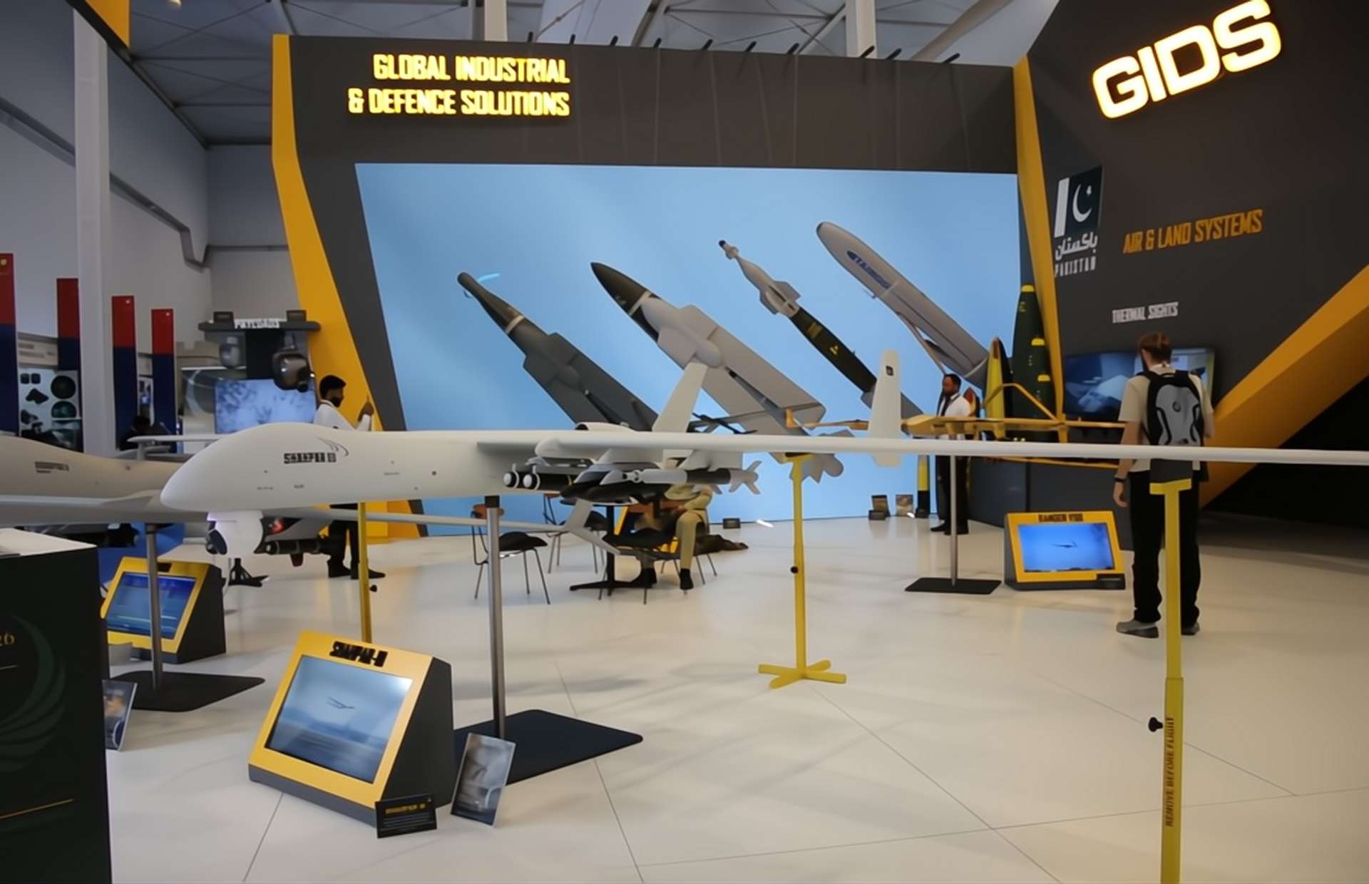 GIDS Shahpar III is a SATCOM-capable MALE UCAV offering 24-hour endurance, a 35,000 ft ceiling, and up to 500 kg of weapons and sensors on six hardpoints for ISR and precision strike (Picture source: Army Recognition Group).