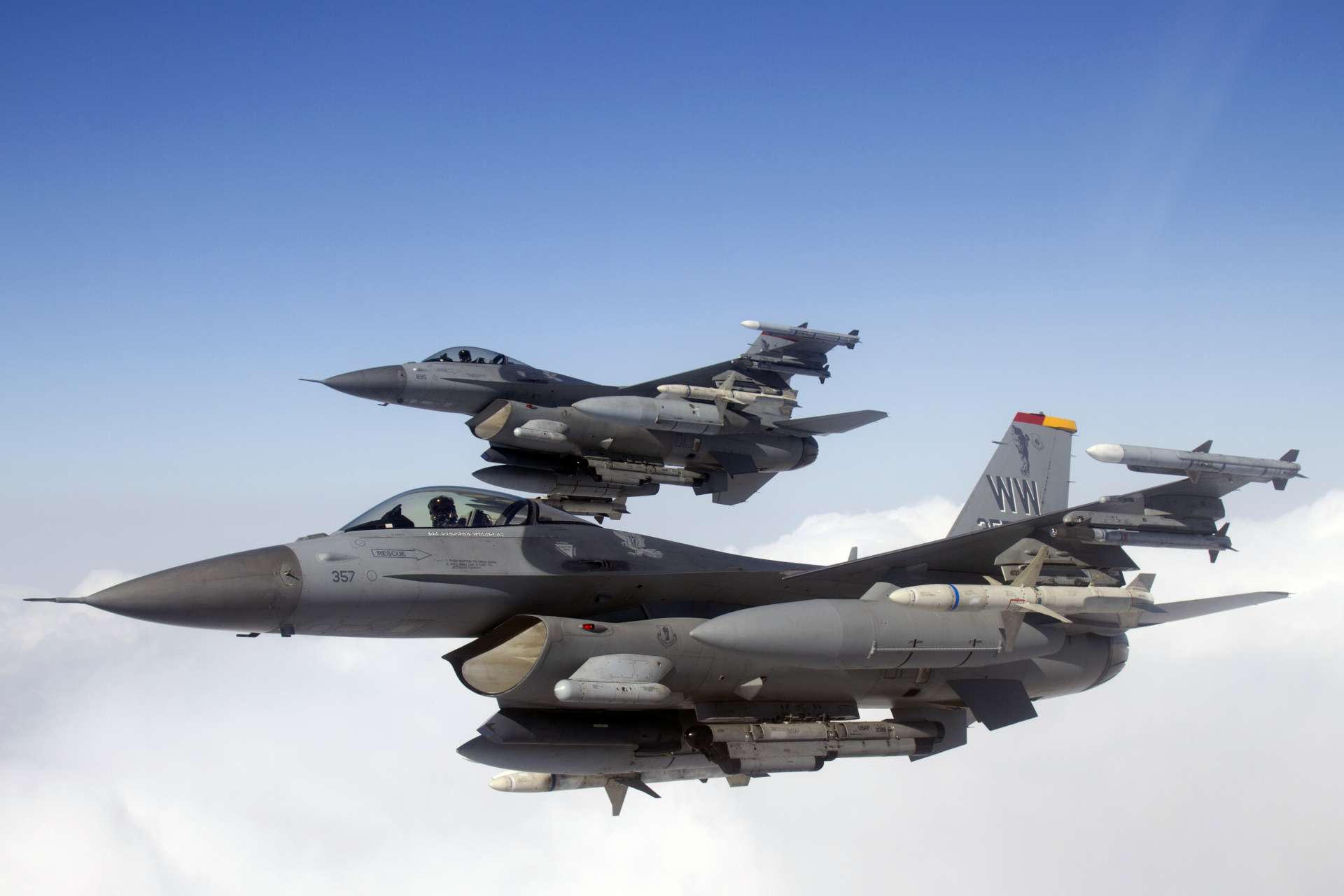 Two U.S. Air Force F-16 Fighting Falcons from the 35th Fighter Wing conduct a Wild Weasel SEAD training mission over Misawa Air Base, Japan (Picture Source: U.S. Air Force)