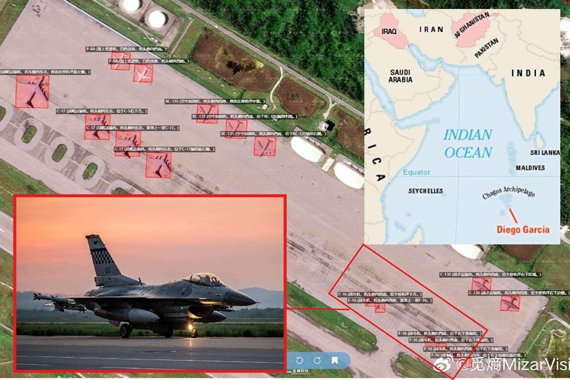 New commercial satellite imagery shows U.S. F-16 fighter jets deployed to Diego Garcia, signaling a reinforced air defense posture at the strategic Indian Ocean base amid rising tensions with Iran (Picture Source: Mizarvision / U.S. Air Force / Britannica)