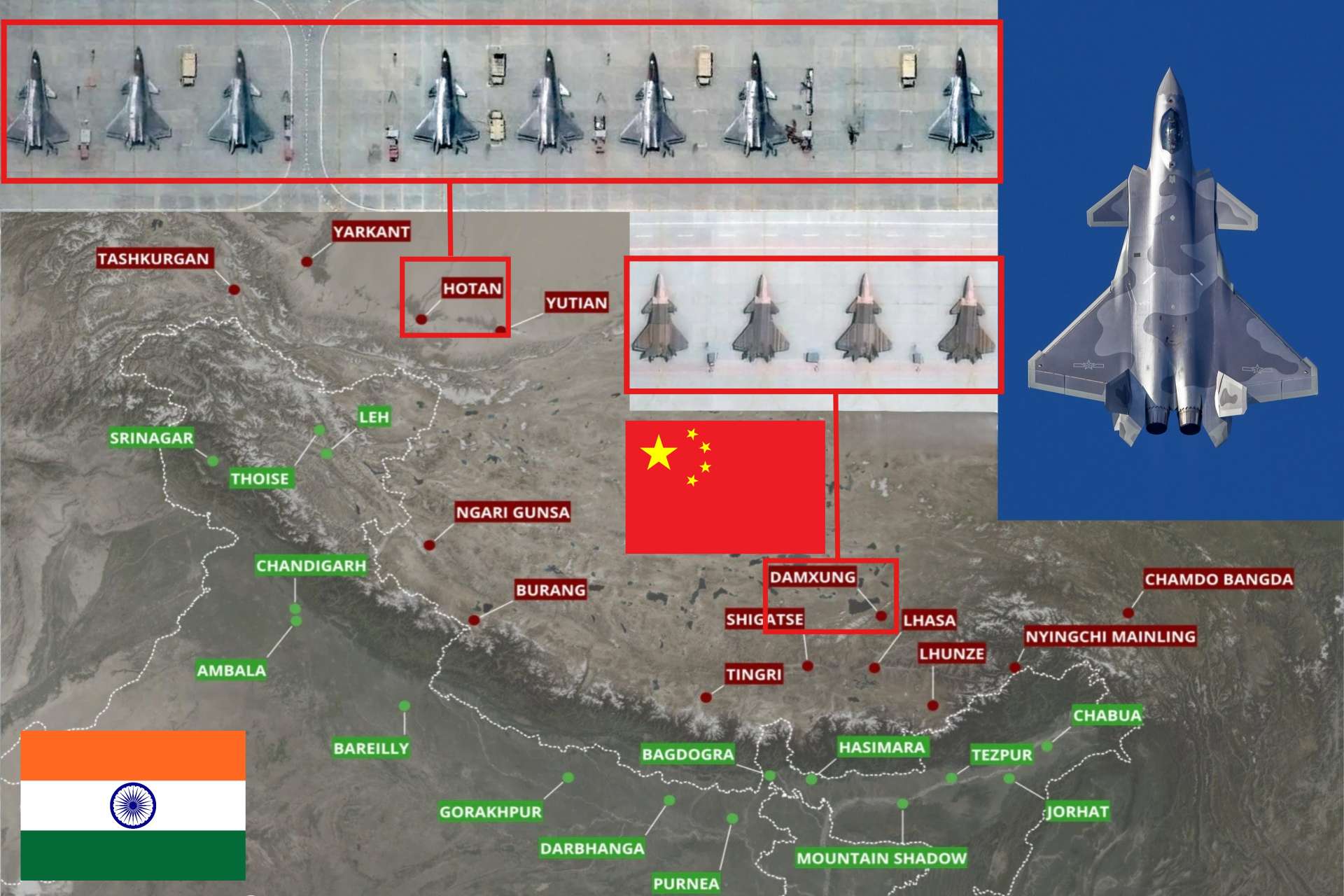 New satellite imagery indicates that China positioned at least 11 J-20 stealth fighters at Hotan and Damxung, underscoring Beijing’s ability to project advanced airpower across multiple Himalayan approaches facing India (Picture Source: Vantor /NDTV / China PLAAF/ Wikimédia/ Edited By Army Recognition Group)