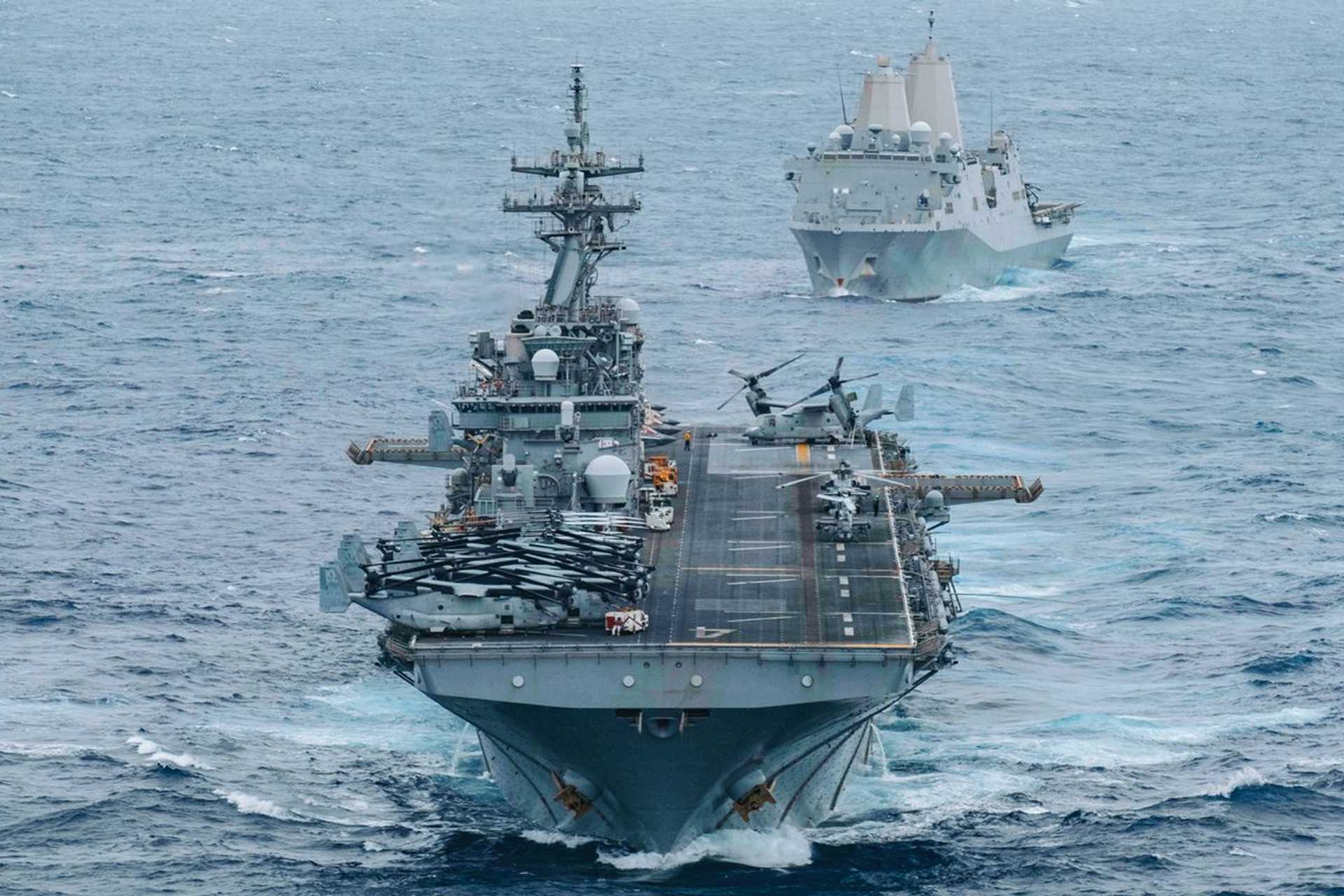 U.S. Navy USS Boxer (LHD 4) and USS Portland (LPD 27) transit the Indian Ocean in formation on June 30, 2026, as part of the Boxer Amphibious Ready Group's deployment to the U.S. Central Command area of responsibility, strengthening U.S. expeditionary and amphibious capabilities in the Middle East. (Picture source: U.S. CENTCOM)