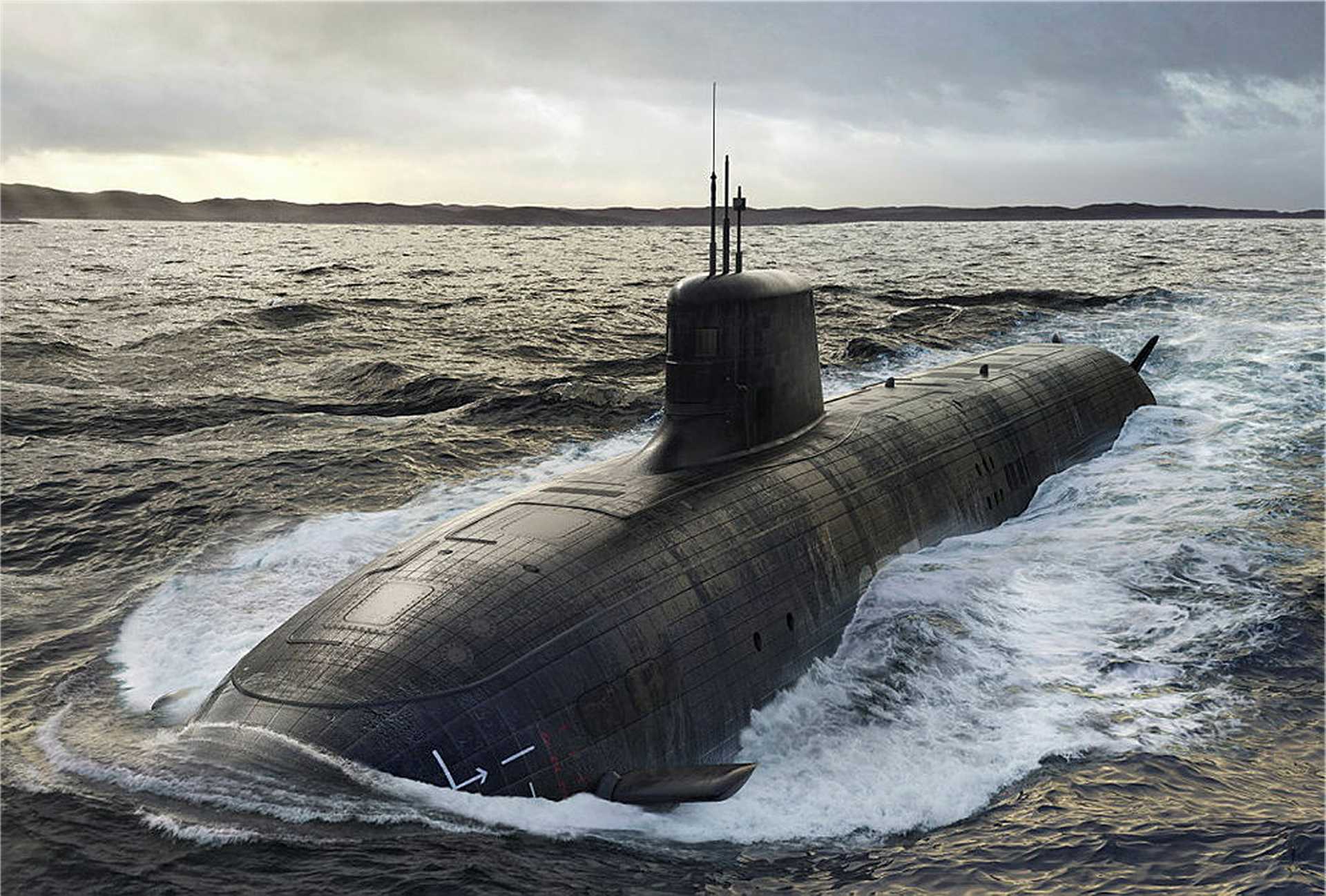 Artist's rendering of the future SSN-AUKUS nuclear-powered attack submarine. Developed under the AUKUS partnership between Australia, the United Kingdom and the United States, the SSN-AUKUS class is planned to enter service with the Royal Navy in the late 2030s, followed by the Royal Australian Navy in the early 2040s, providing both nations with an advanced long-range undersea warfare capability.