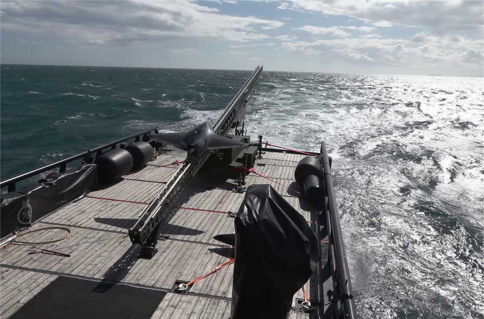 The British Royal Navy successfully launches the Nyan One Way Effector autonomous strike drone from the experimental vessel XV Patrick Blackett during sea trials off England's south coast, marking the first-ever shipborne launch of the system while underway. (Picture source: British Royal Navy video footage)
