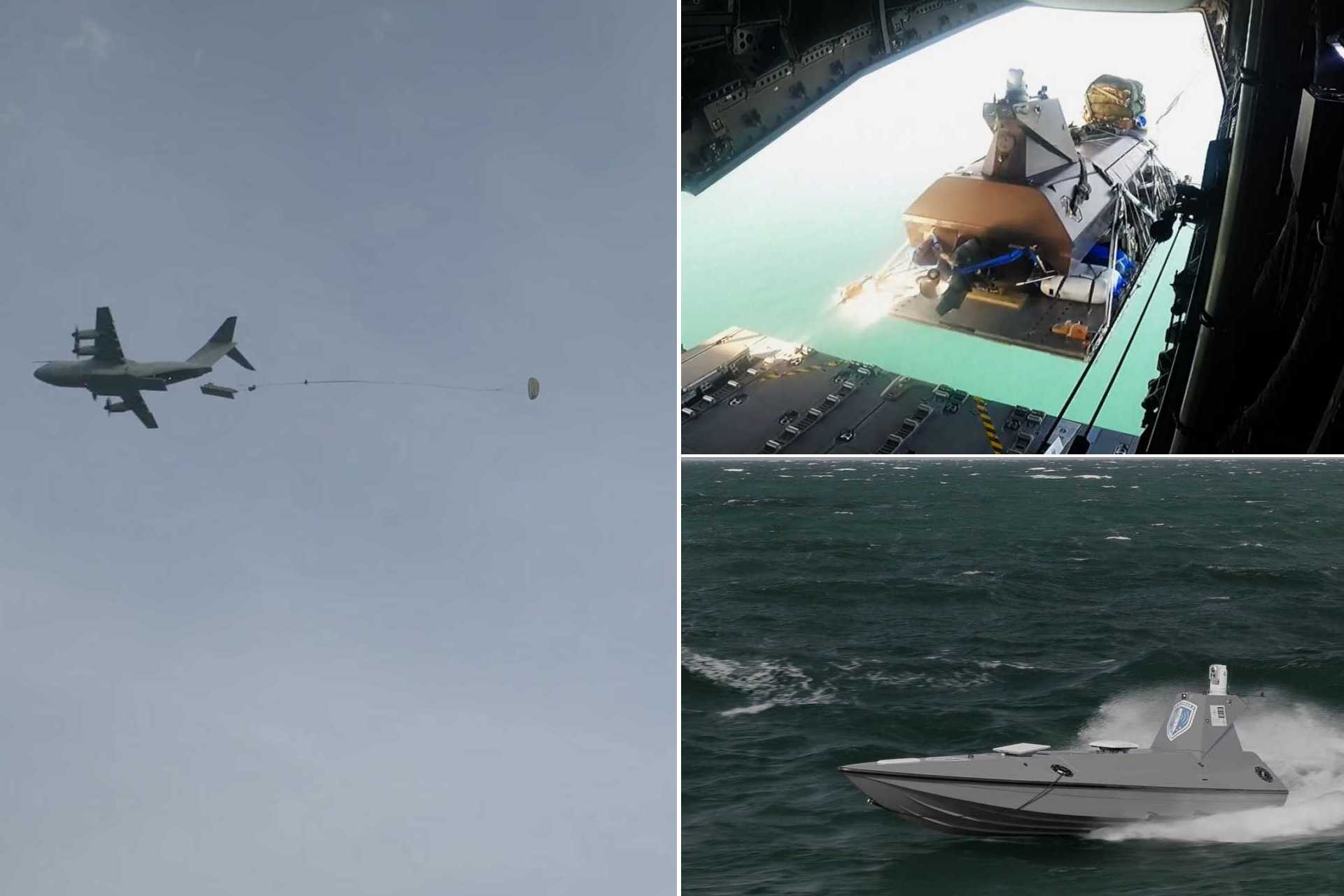The test proved that the A400M military transport aircraft can parachute an uncrewed surface vessel like the Kraken K3 Scout directly into the sea, allowing it to begin operations immediately without needing a port, launch ramp, or support ship. (Picture source: X/Royal Navy)