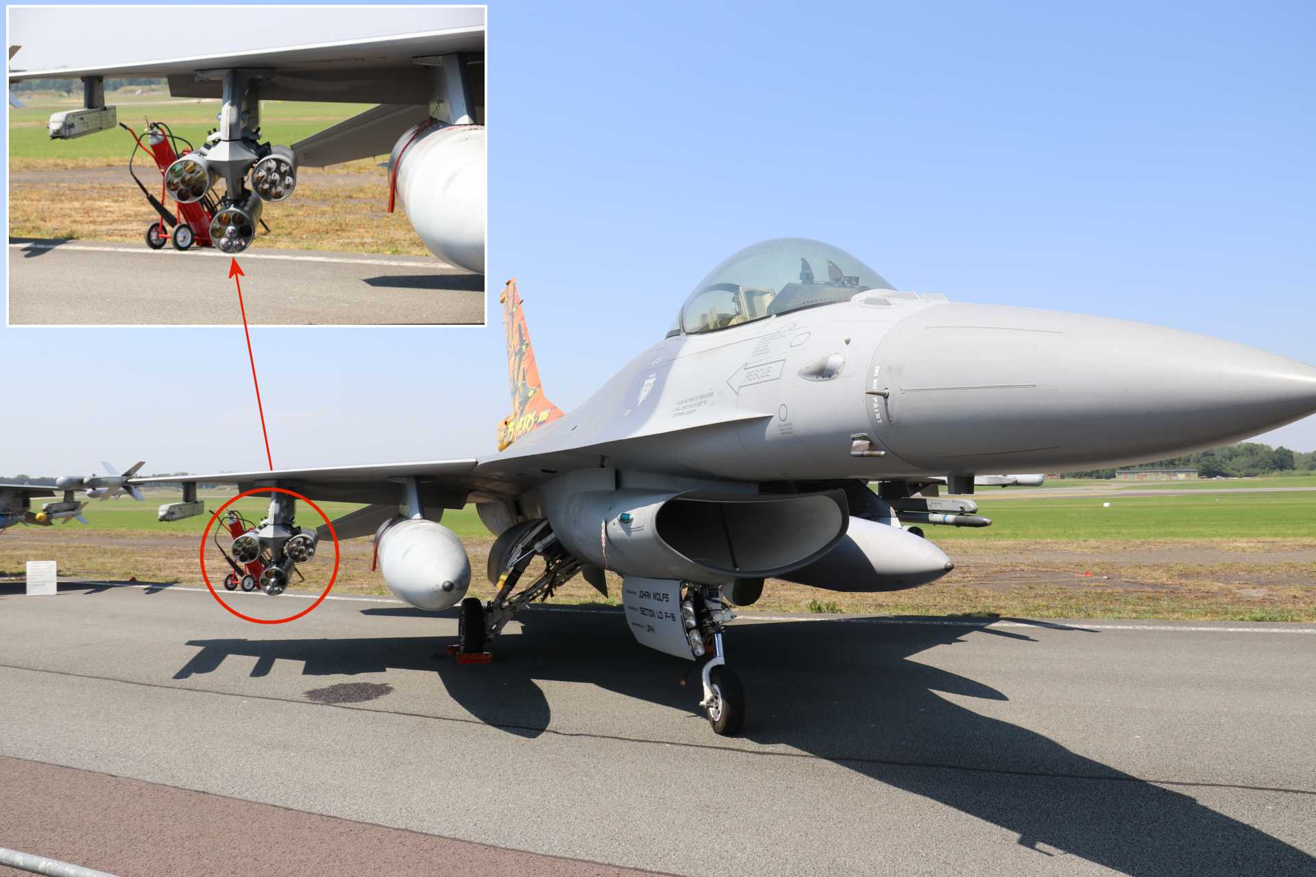 Belgian Air Force F-16 fighter jet configured in a counter-UAS role during the Belgian Air Force Days 2026, equipped with underwing Thales rocket pods designed for short-range drone swarm interception.