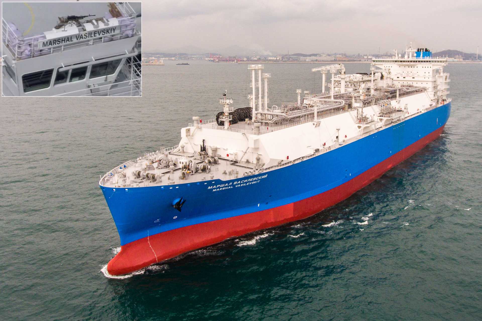 Surveillance footage shows the Russian-owned LNG carrier Marshal Vasilevskiy transiting the Baltic Sea with permanently installed 12.7 mm Kord heavy machine guns, marking the first documented case of such a vessel being weaponized during peacetime operations. (Picture source: Estonia PPA via X/WarMonitor3 and Gazprom)