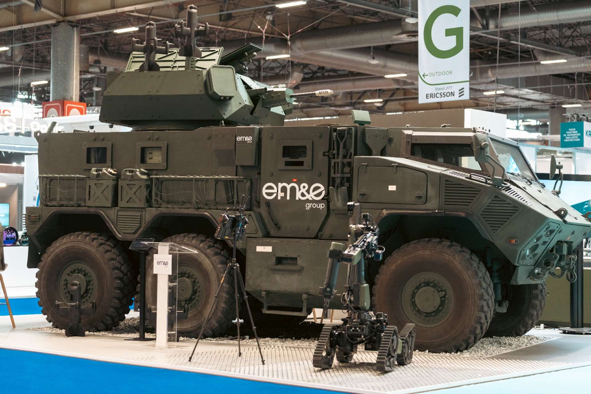 EM&E Group’s ODIN 6×6 counter-UAS system integrates radar, RF detection, electro-optics, jamming, interceptor drones, laser-guided micro-missiles and a 30 mm remote weapon station on a FEROX 6×6 armored vehicle for mobile protection against drone threats (Picture source: EM&E).