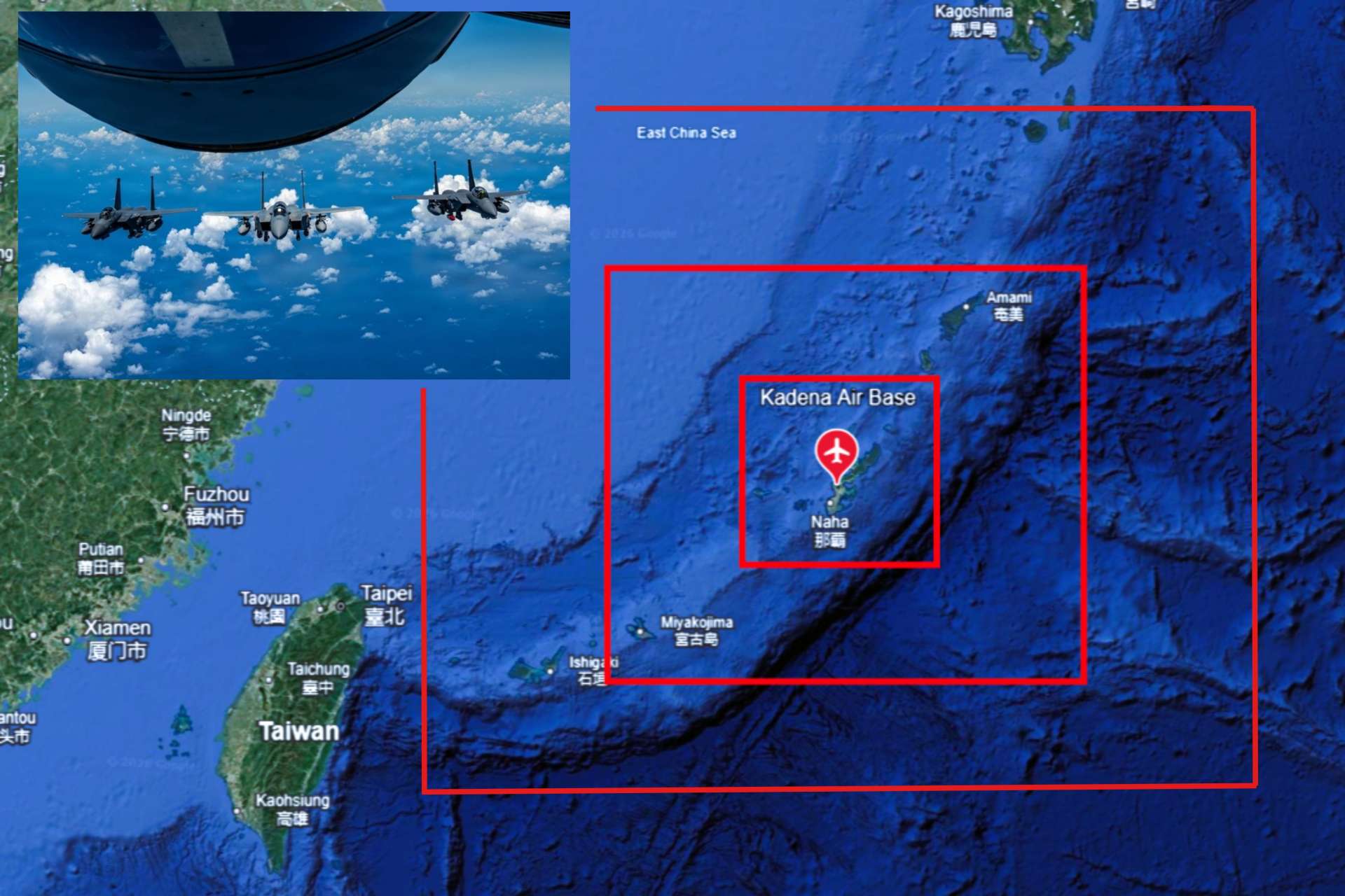 U.S. Air Force F-15EX Eagle II fighters have flown to Kadena Air Base in Japan to prepare local units and partners for the aircraft’s future permanent role in Indo-Pacific deterrence (Picture Source: U.S. Air Force / Google Earth / Edited By Army Recognition Group)