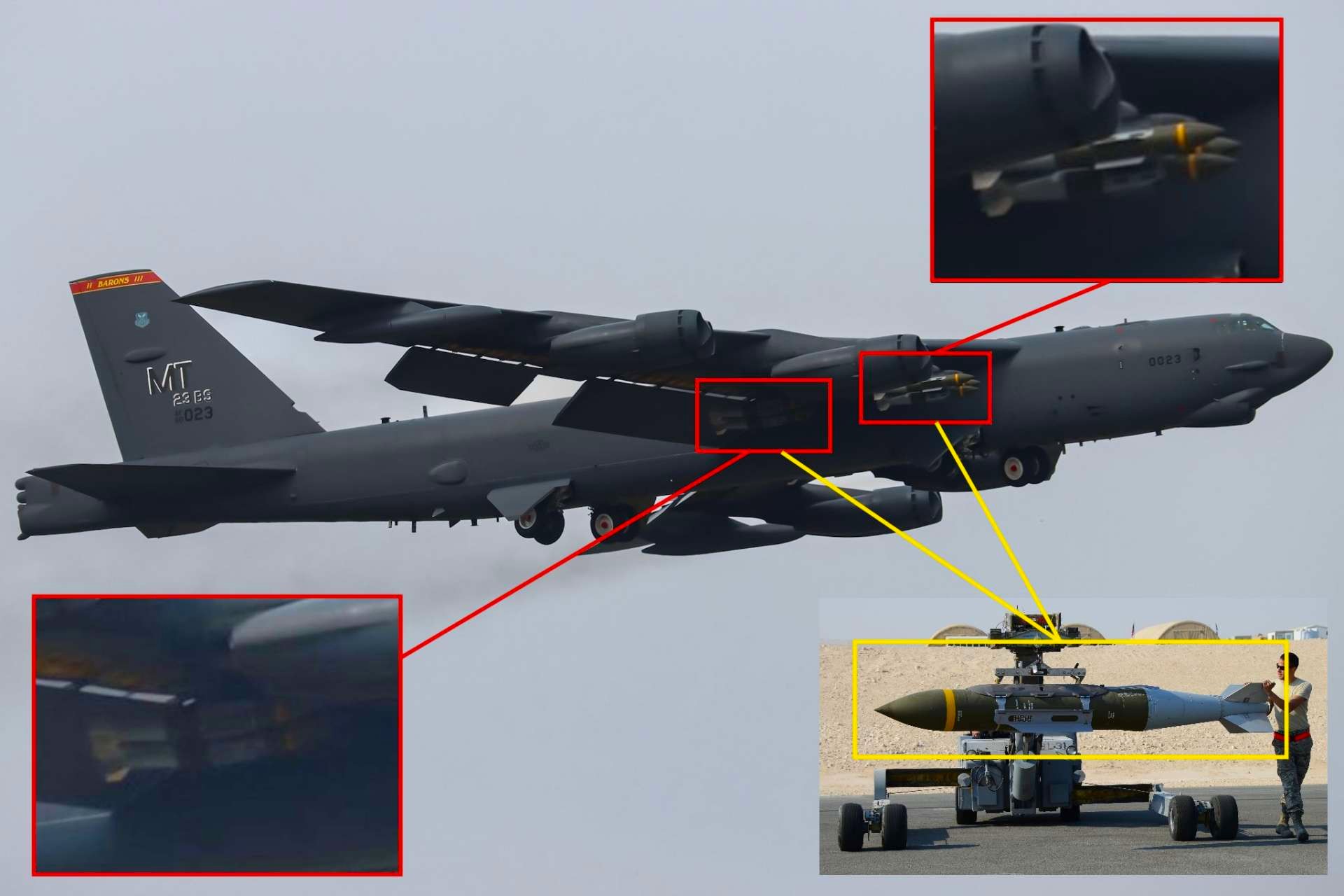 U.S. Air Force B-52H bombers deploying GBU-31 JDAMs from RAF Fairford signal a shift from stand-off missile strikes to direct precision attacks on hardened ground targets (Picture source: Lee Hathaway on X)