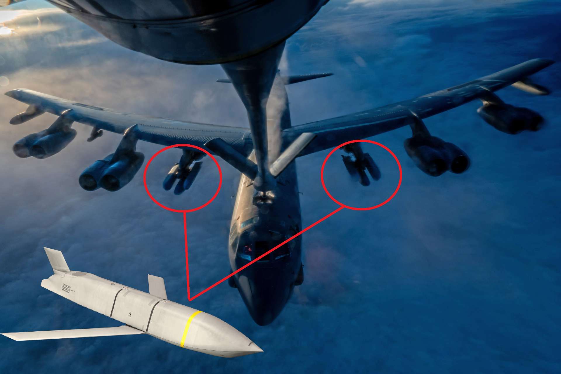 A U.S. Air Force B-52H Stratofortress refuels in flight during Operation Epic Fury, apparently carrying AGM-158 JASSM-family standoff missiles for long-range precision strikes against high-value Iranian military targets (Picture source: U.S. DoW).