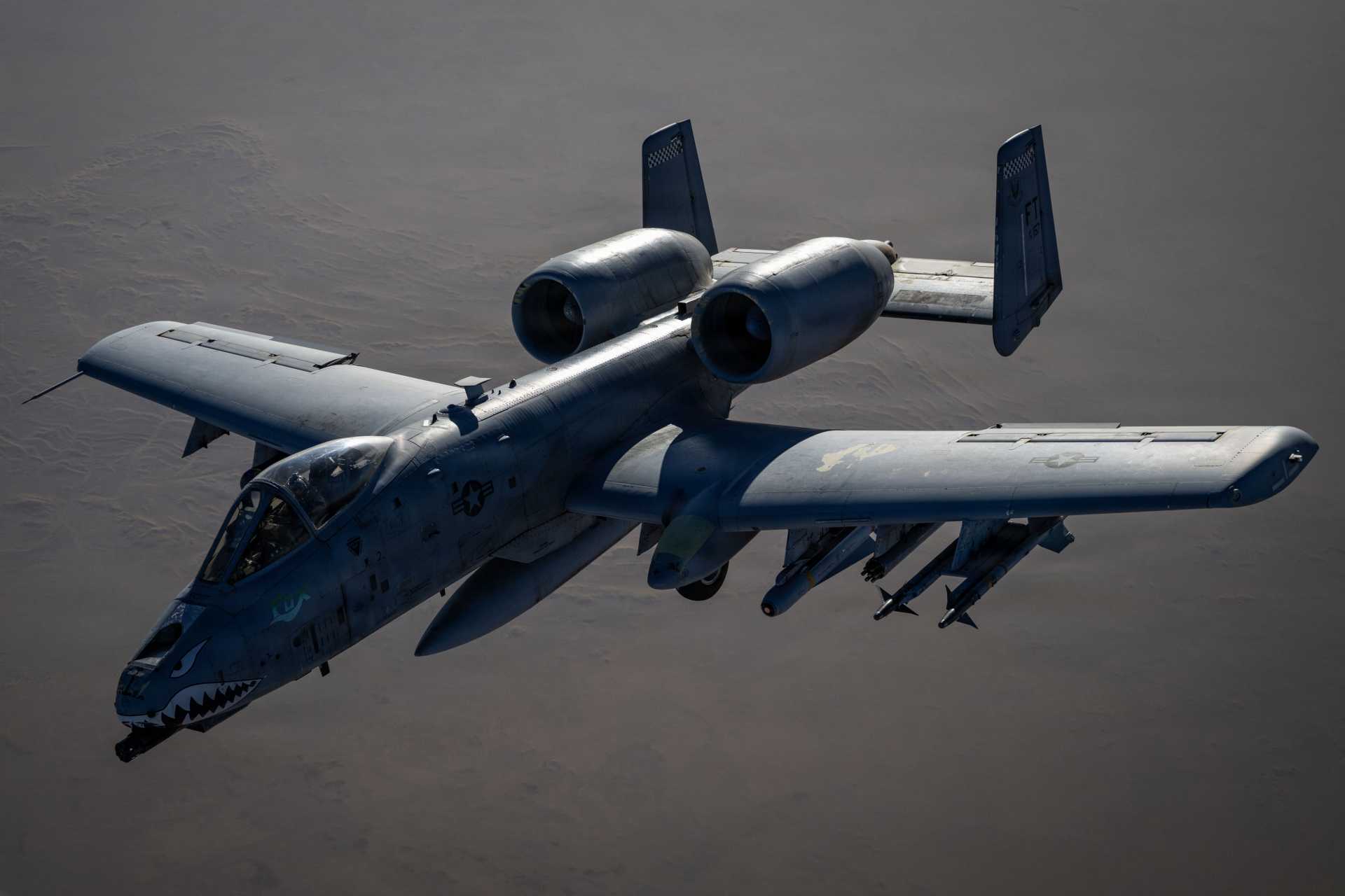 A U.S. Air Force A-10 Thunderbolt II conducts combat air operations over the U.S. Central Command area of responsibility during Operation Epic Fury, supporting precision strikes and maritime security missions in the Strait of Hormuz.