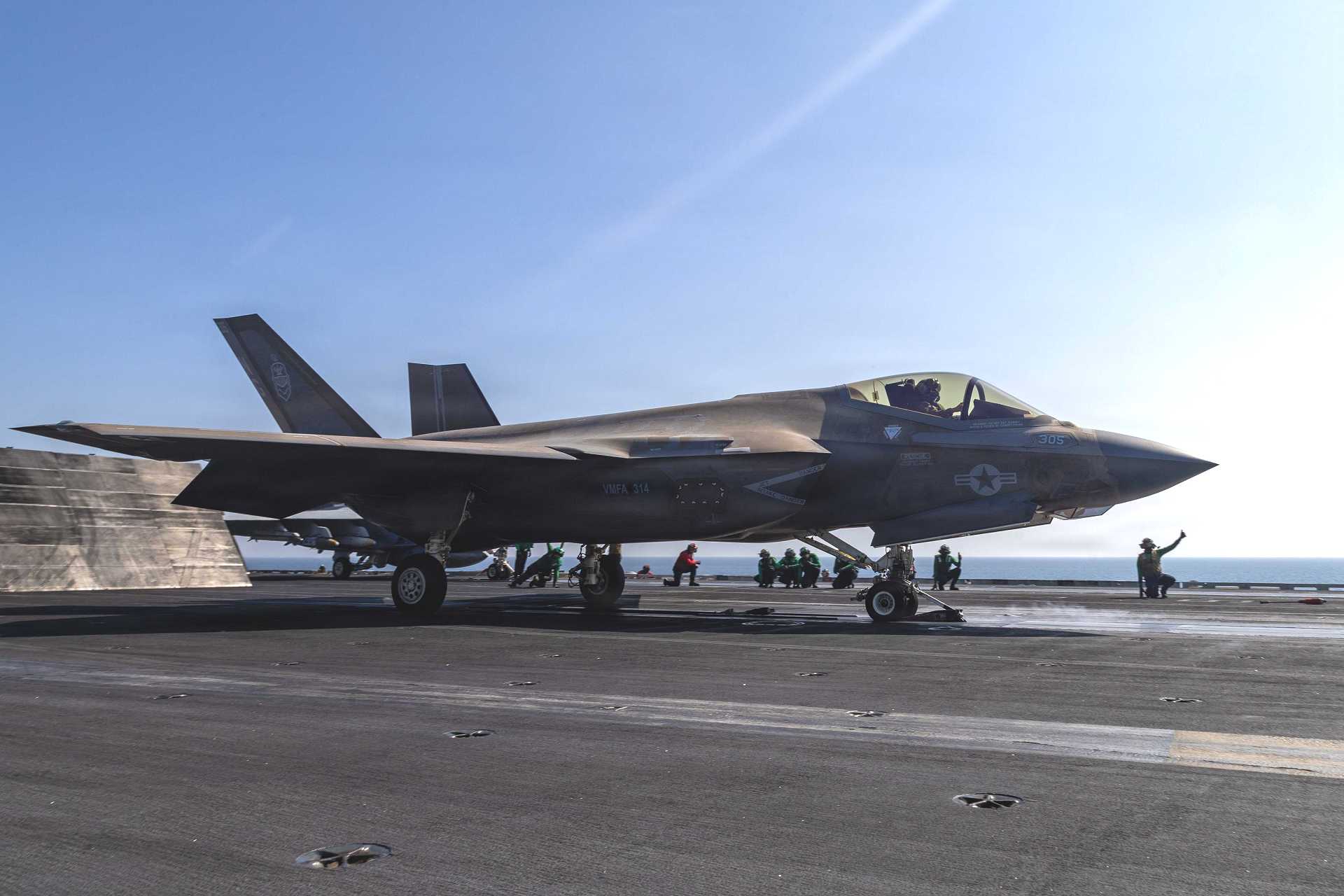 An F-35C Lightning II assigned to Marine Fighter Attack Squadron (VMFA) 314 launches from the flight deck of the Nimitz-class aircraft carrier USS Abraham Lincoln (CVN 72) in support of Operation Epic Fury against Iran.