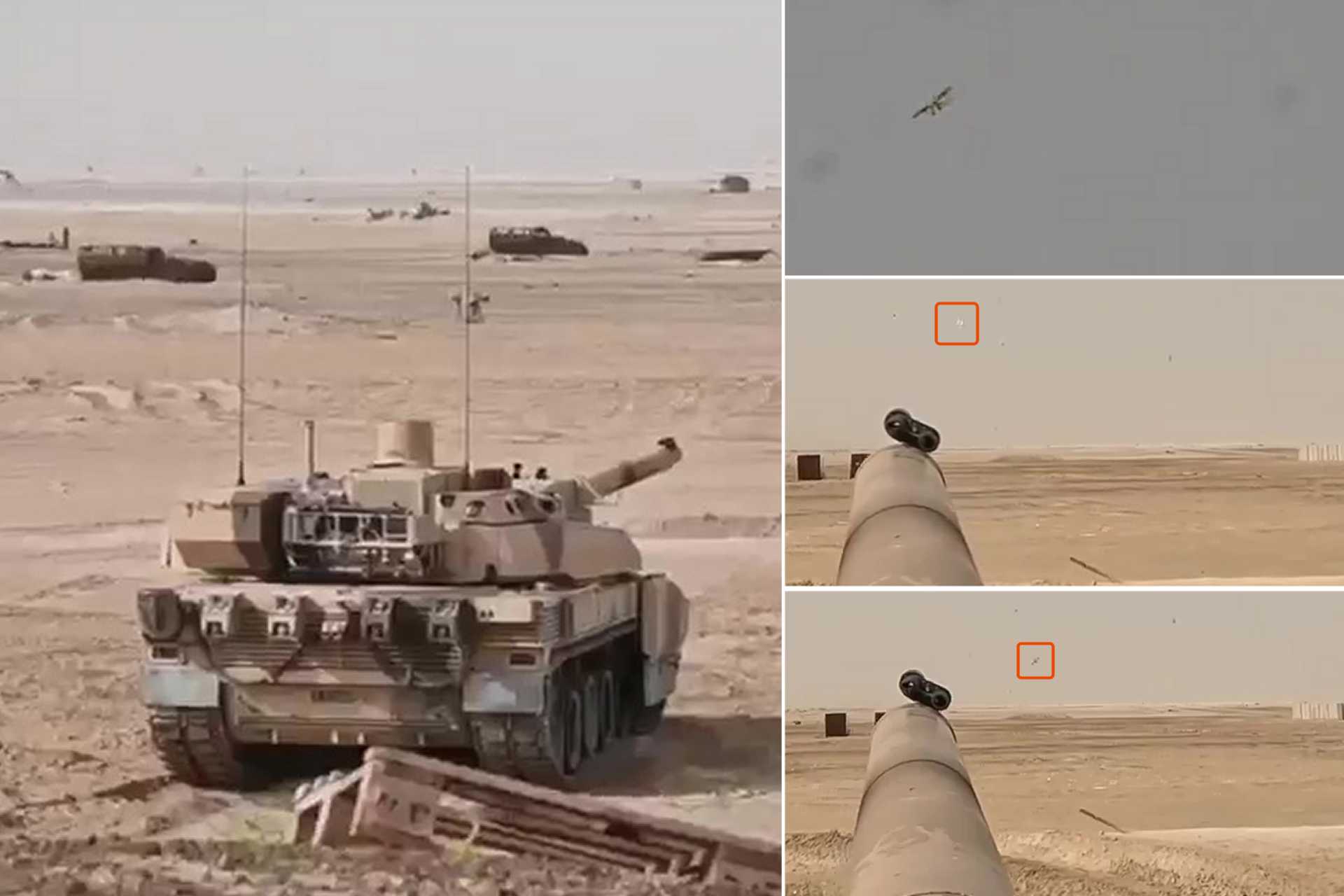 During live-fire trials in Abu Dhabi, a French Army Leclerc main battle tank assigned to the 5th Cuirassier Regiment successfully shot down a drone using a 120 mm OEFC F1 canister round to evaluate short-range, opportunistic anti-drone defense capabilities. (Picture source: French Army)