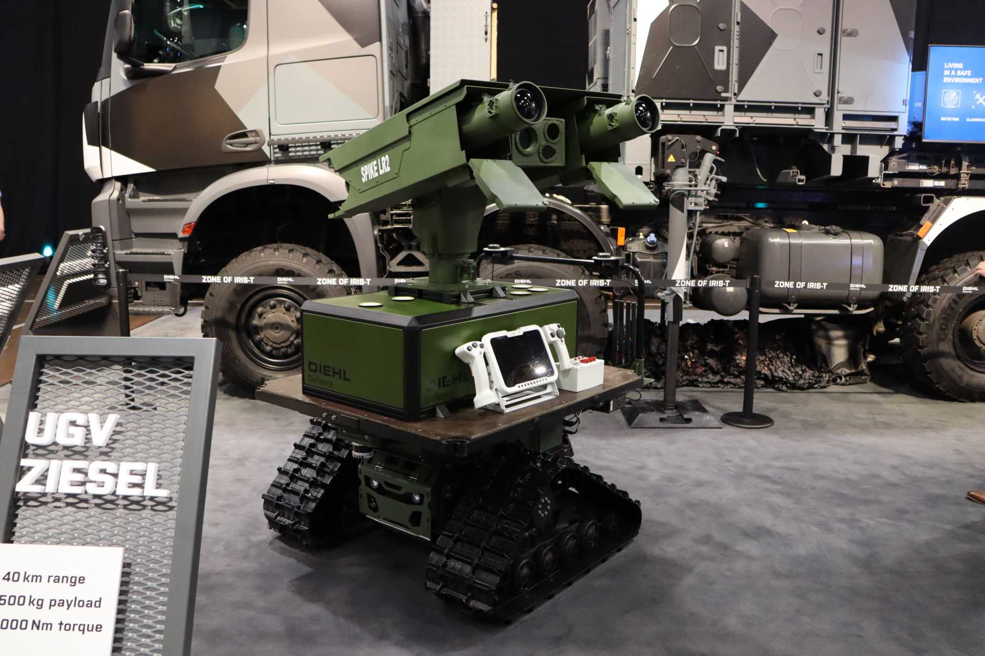 Diehl Defence’s Ziesel unmanned ground vehicle armed with SPIKE LR anti-tank guided missiles is displayed during Enforce Tac 2025 in Nuremberg, Germany, where the robotic combat system was unveiled ahead of successful live-fire trials conducted with RAFAEL and EuroSpike GmbH.